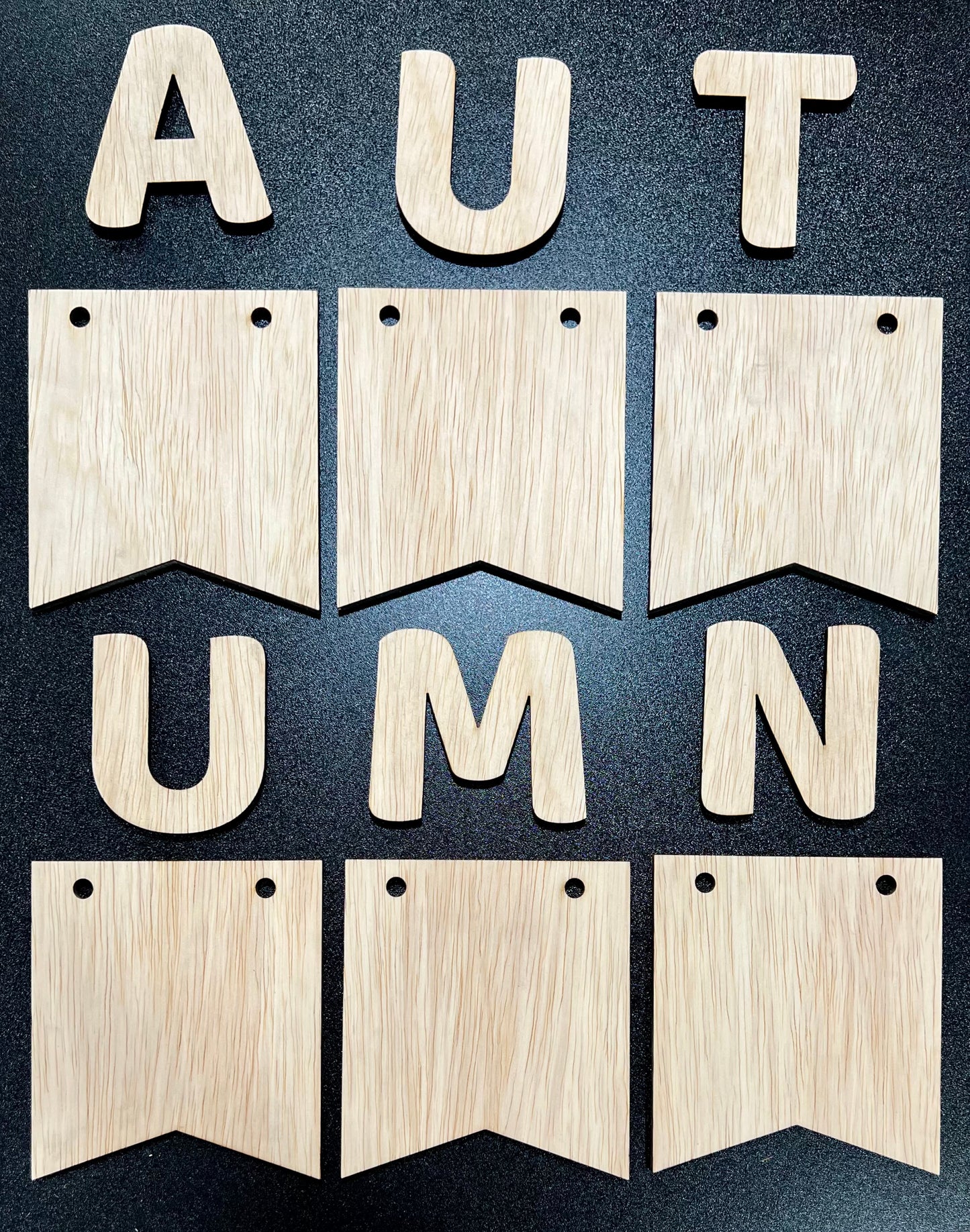 Unpainted wooden banner kit spelling "AUTUMN" with blank banner pieces.