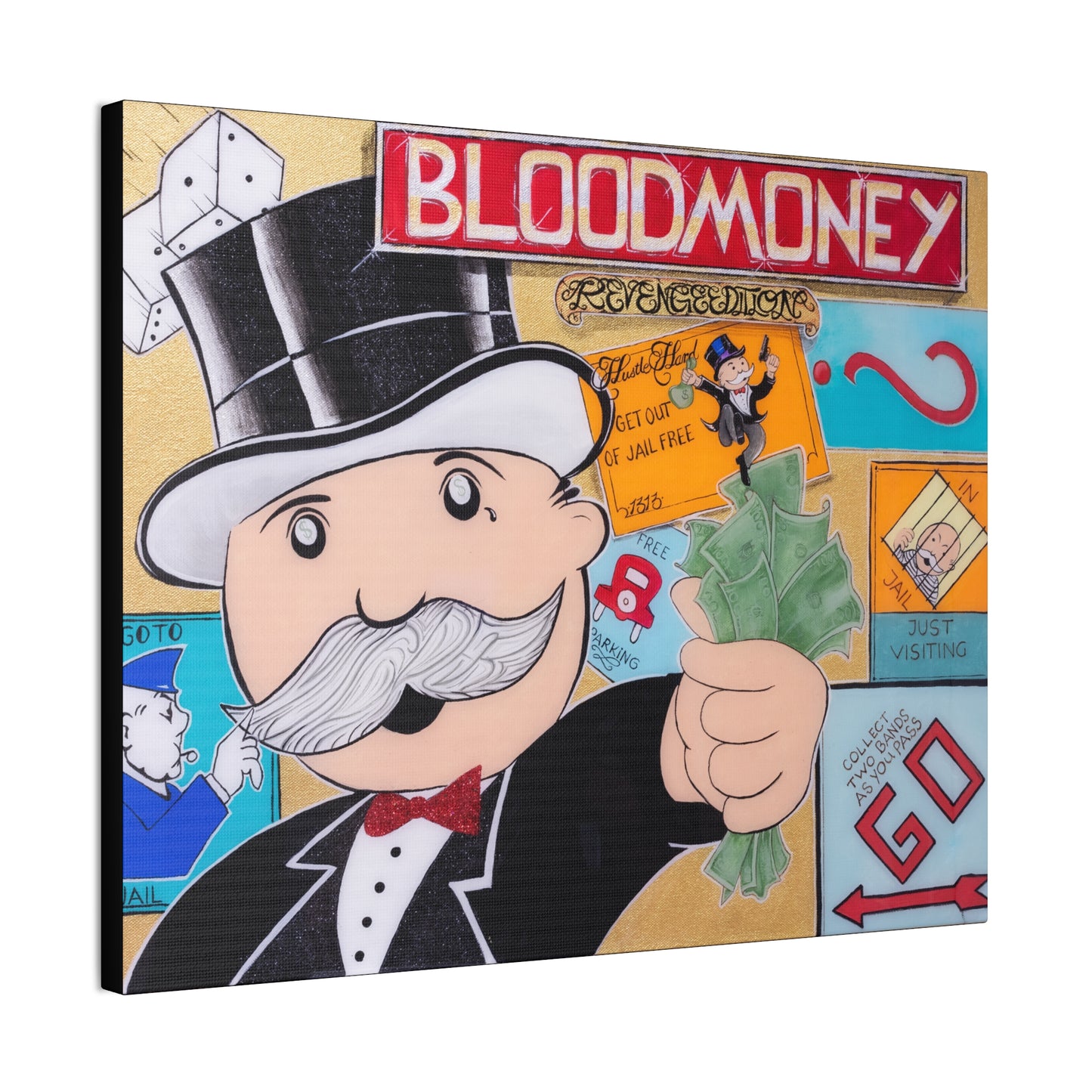 A canvas print featuring a Monopoly-inspired design with "BLOODMONEY" at the top.