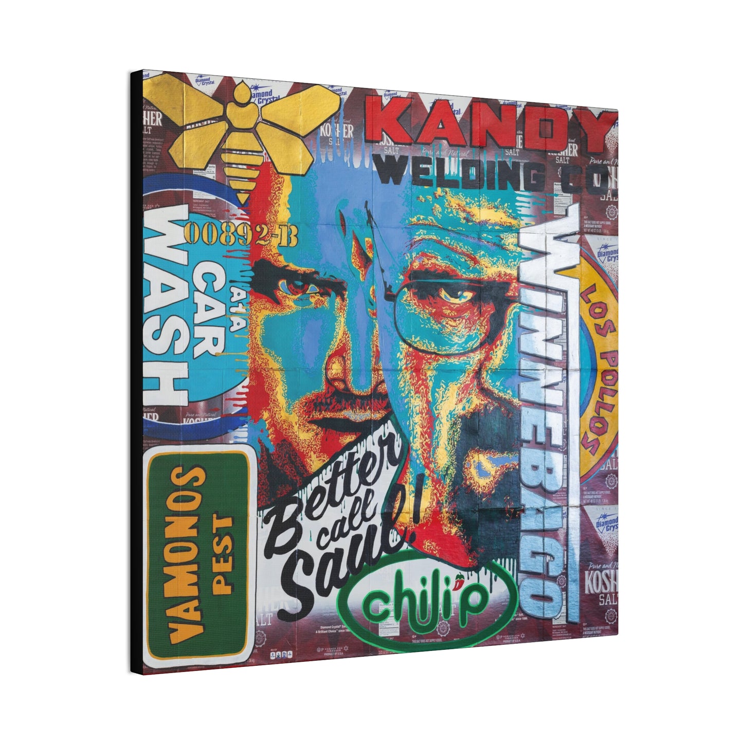 A colorful canvas print features a split image of Walter White with Breaking Bad references.