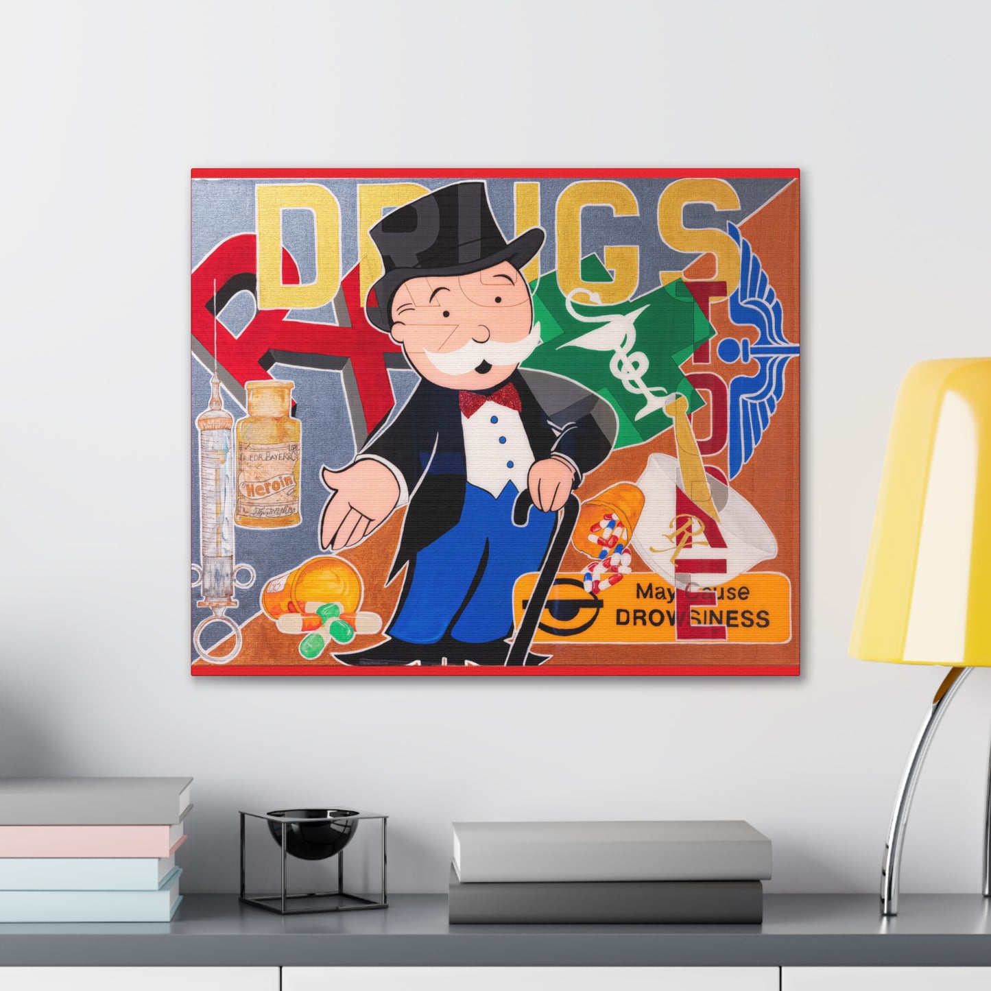 A canvas gallery wrap features a Monopoly man surrounded by drug paraphernalia and the word "DRUGS."