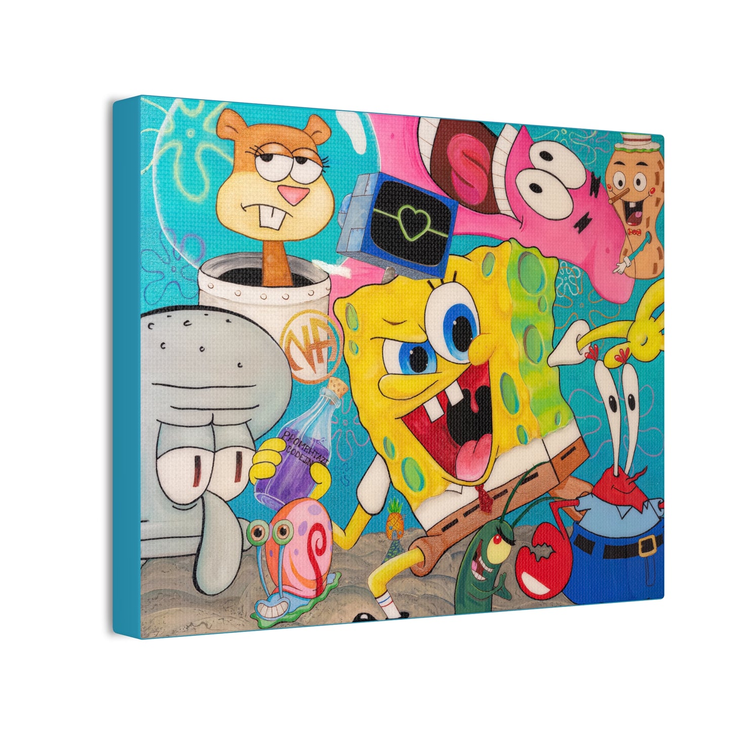 A canvas gallery wrap features a cartoon image of SpongeBob characters in a vibrant style.