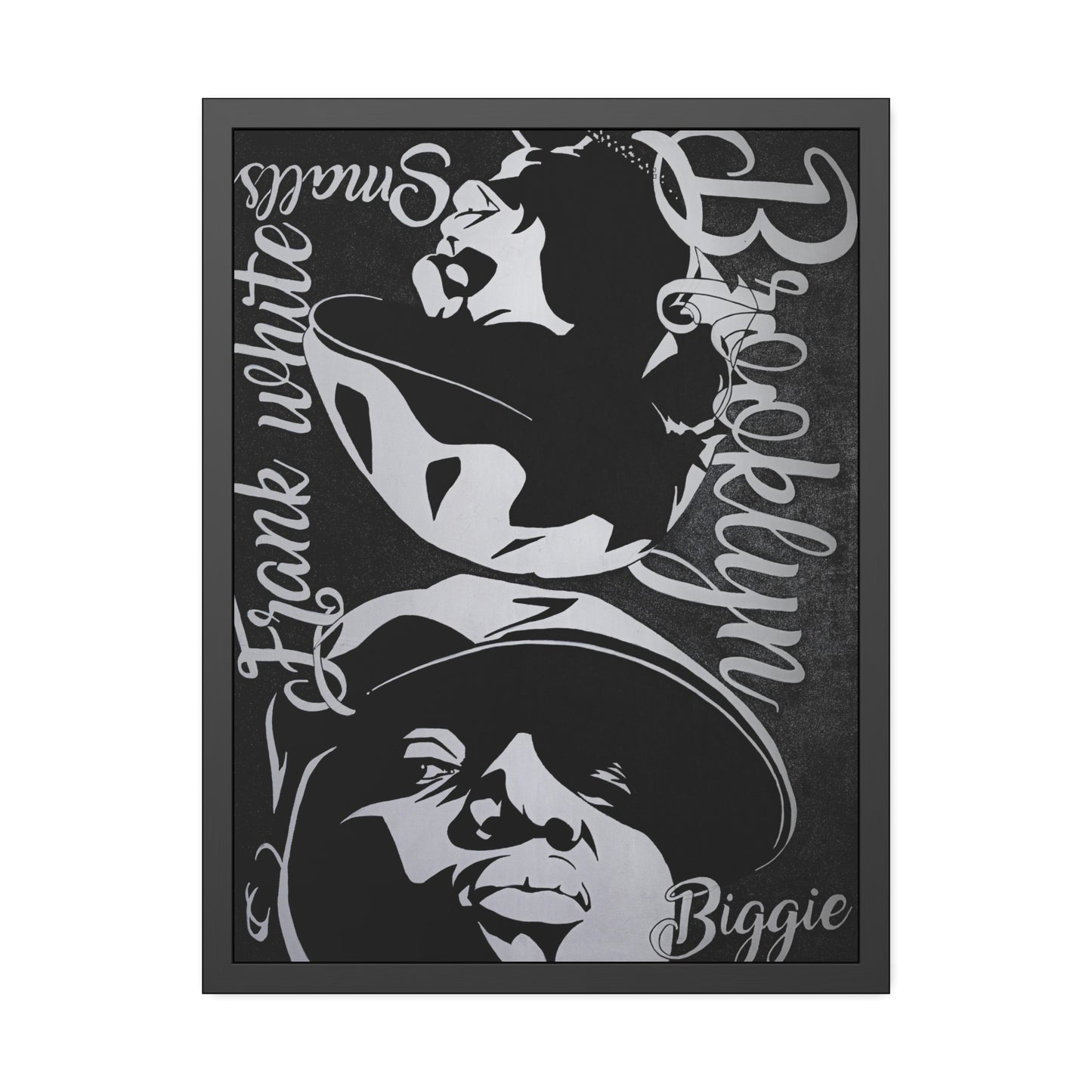 A framed poster features black and white portraits of Frank White and Biggie, with "Brooklyn" written vertically.