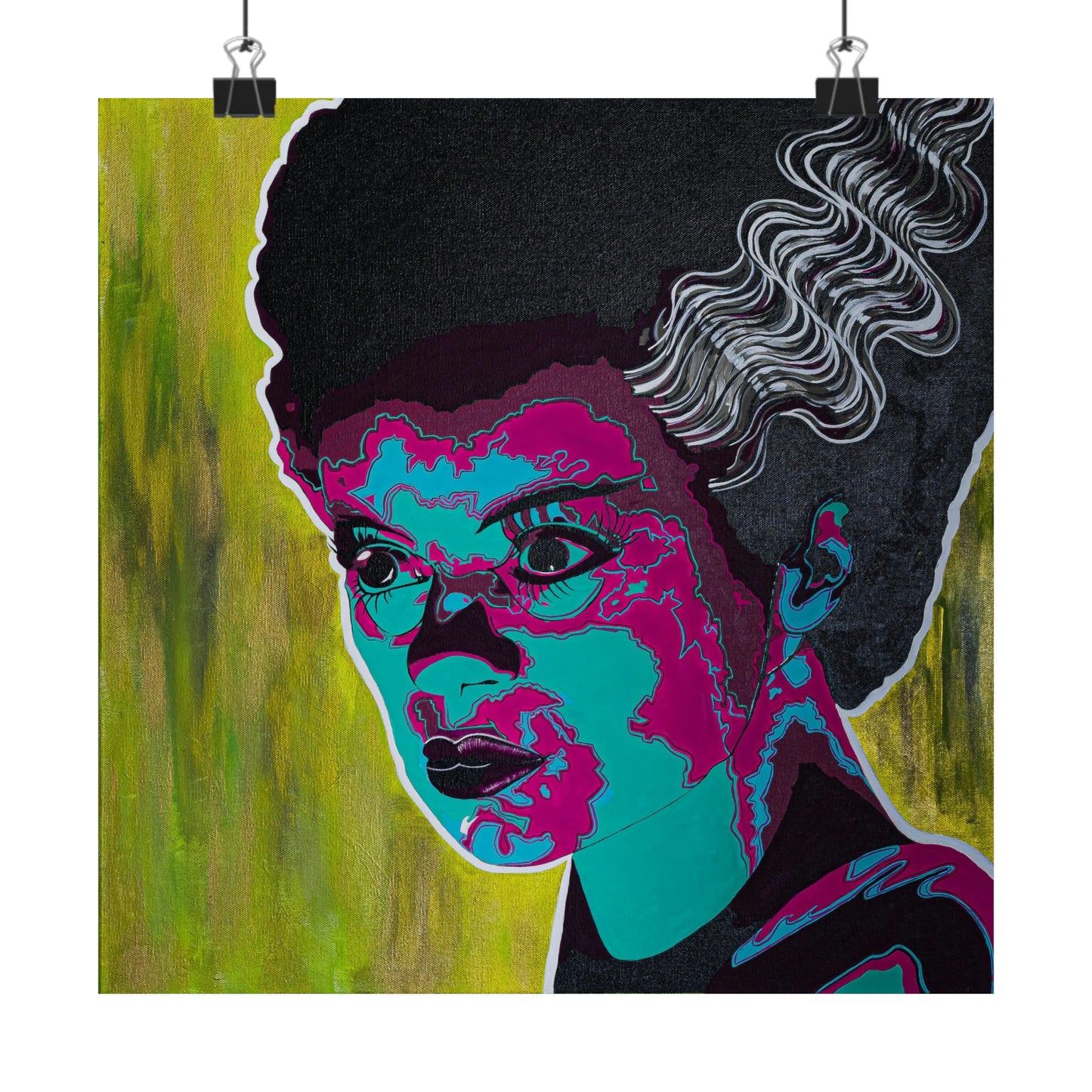 A vibrant pop art poster depicts a woman with black hair and white streaks.