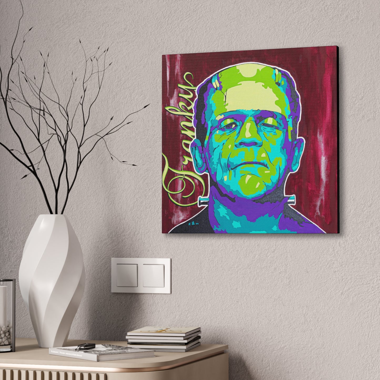 A vibrant pop art style canvas print of Frankenstein's monster, titled "Franky."