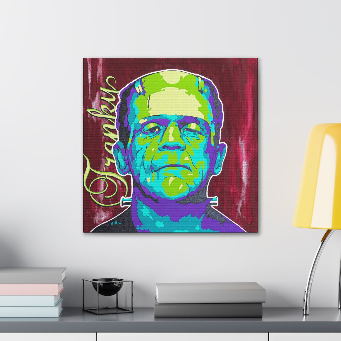 A colorful pop art style canvas print of Frankenstein's monster with "Franky" written vertically.