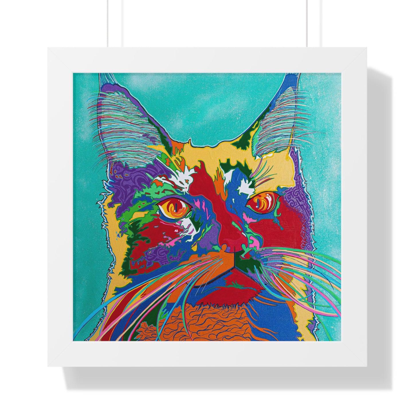 A framed poster features a vibrant, pop-art style cat with colorful fur and bright eyes.