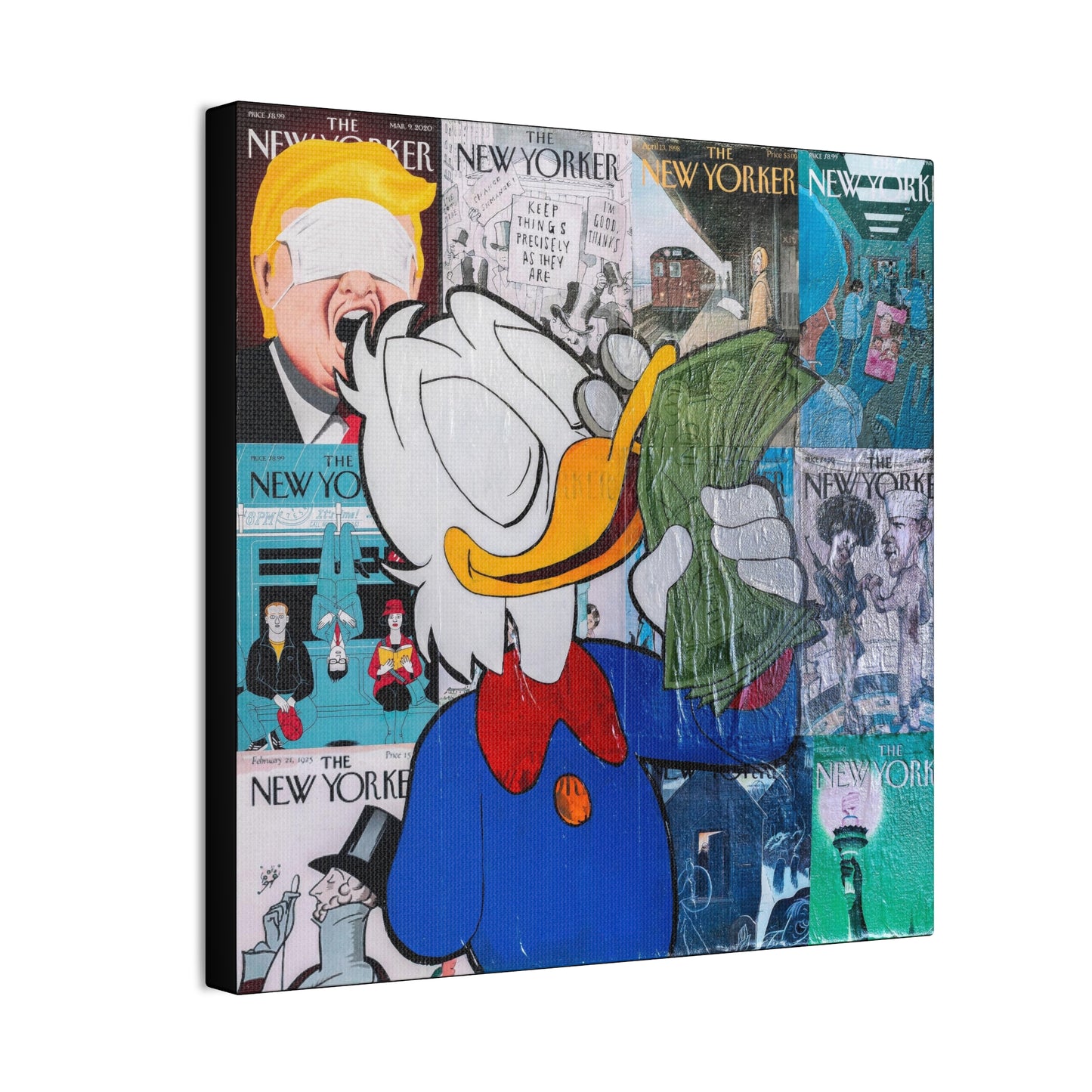 A canvas gallery wrap features a collage of New Yorker covers with Scrooge McDuck holding money.