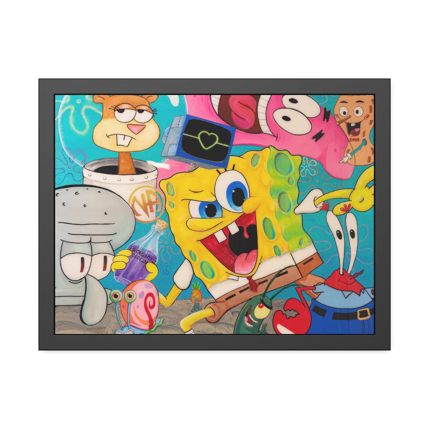 A framed poster features a colorful, chaotic illustration of Spongebob characters.