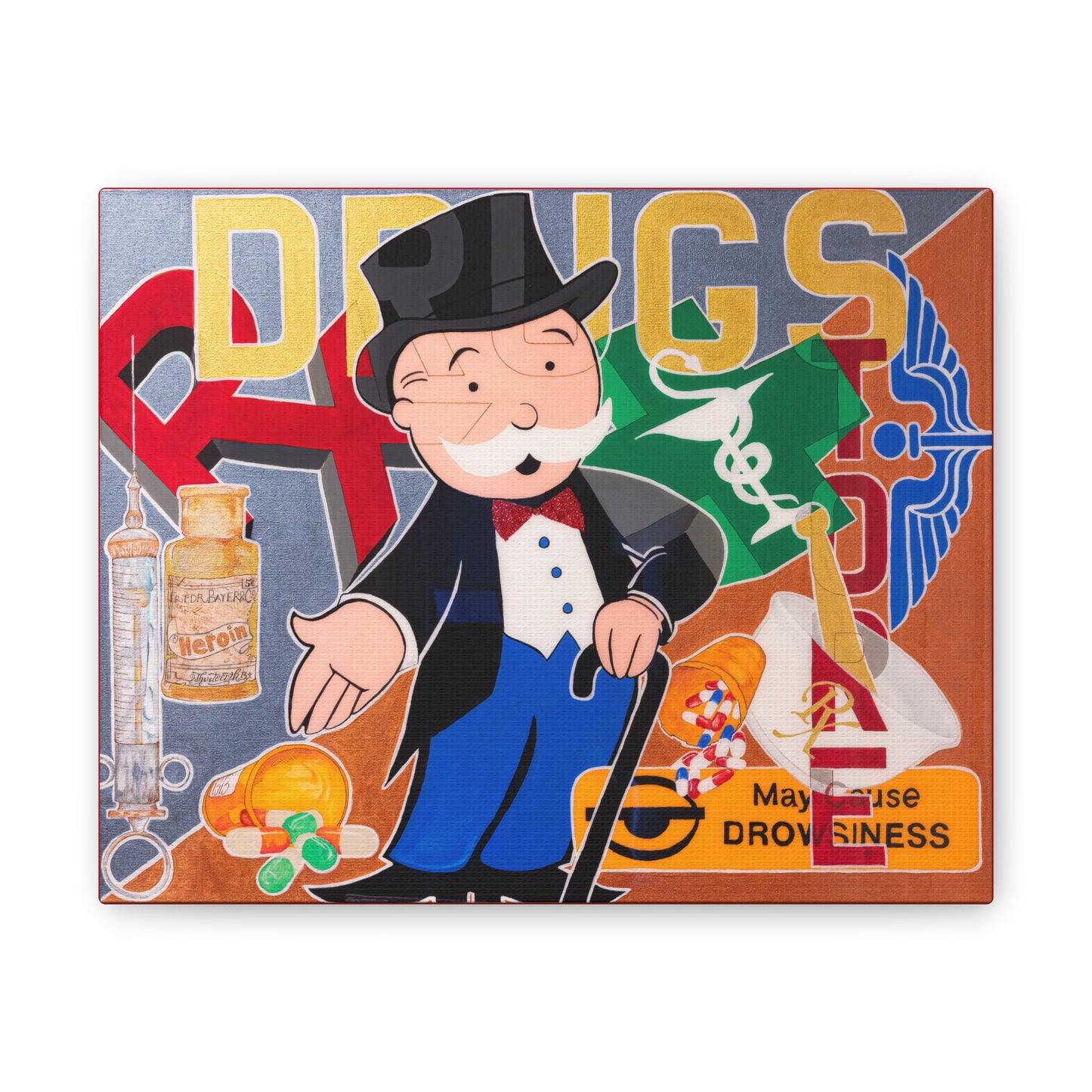 A canvas print features a Monopoly man with a top hat, a syringe, a "Heroin" bottle, and pills.