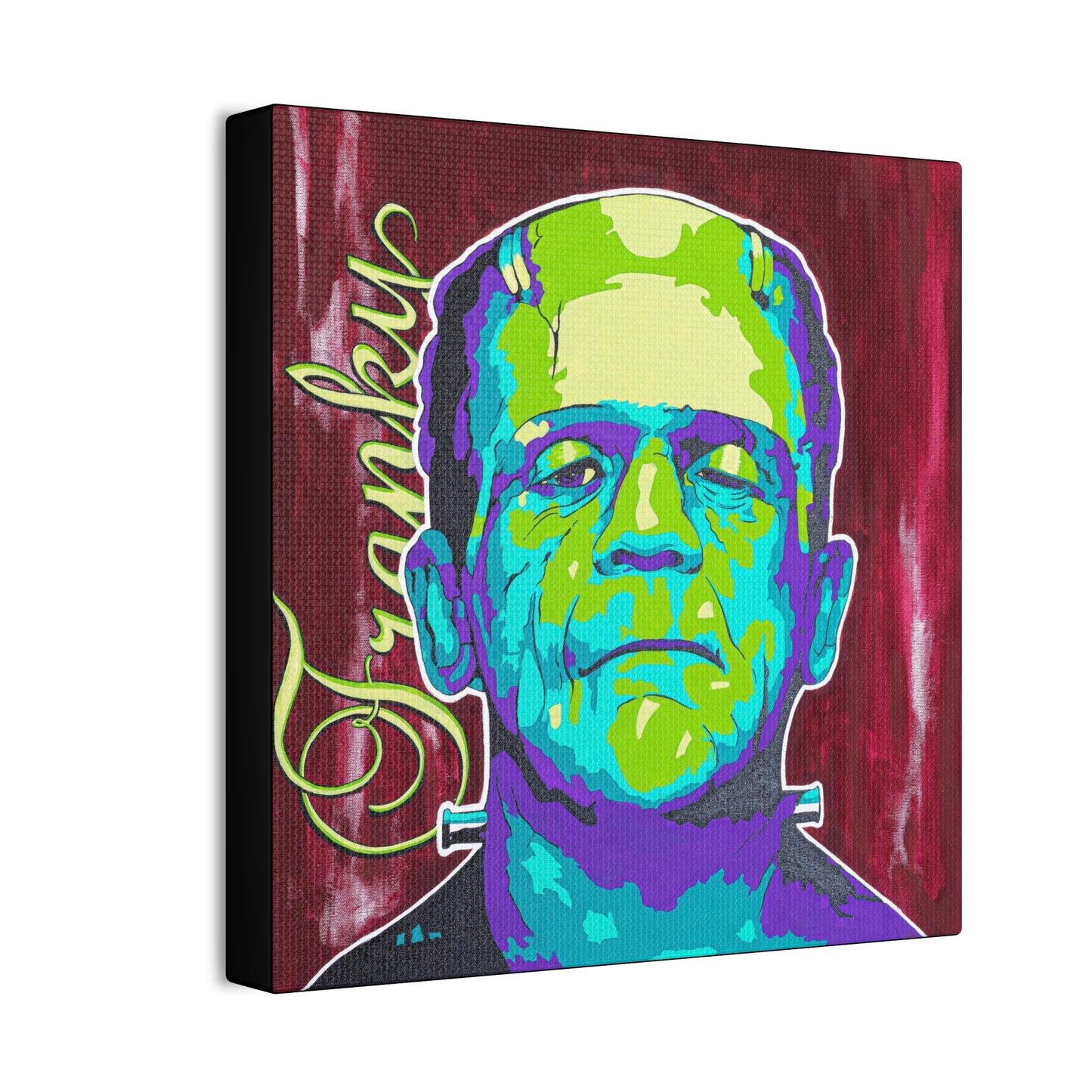 A canvas print of Frankenstein's monster in pop art style with "Franky" written on it.