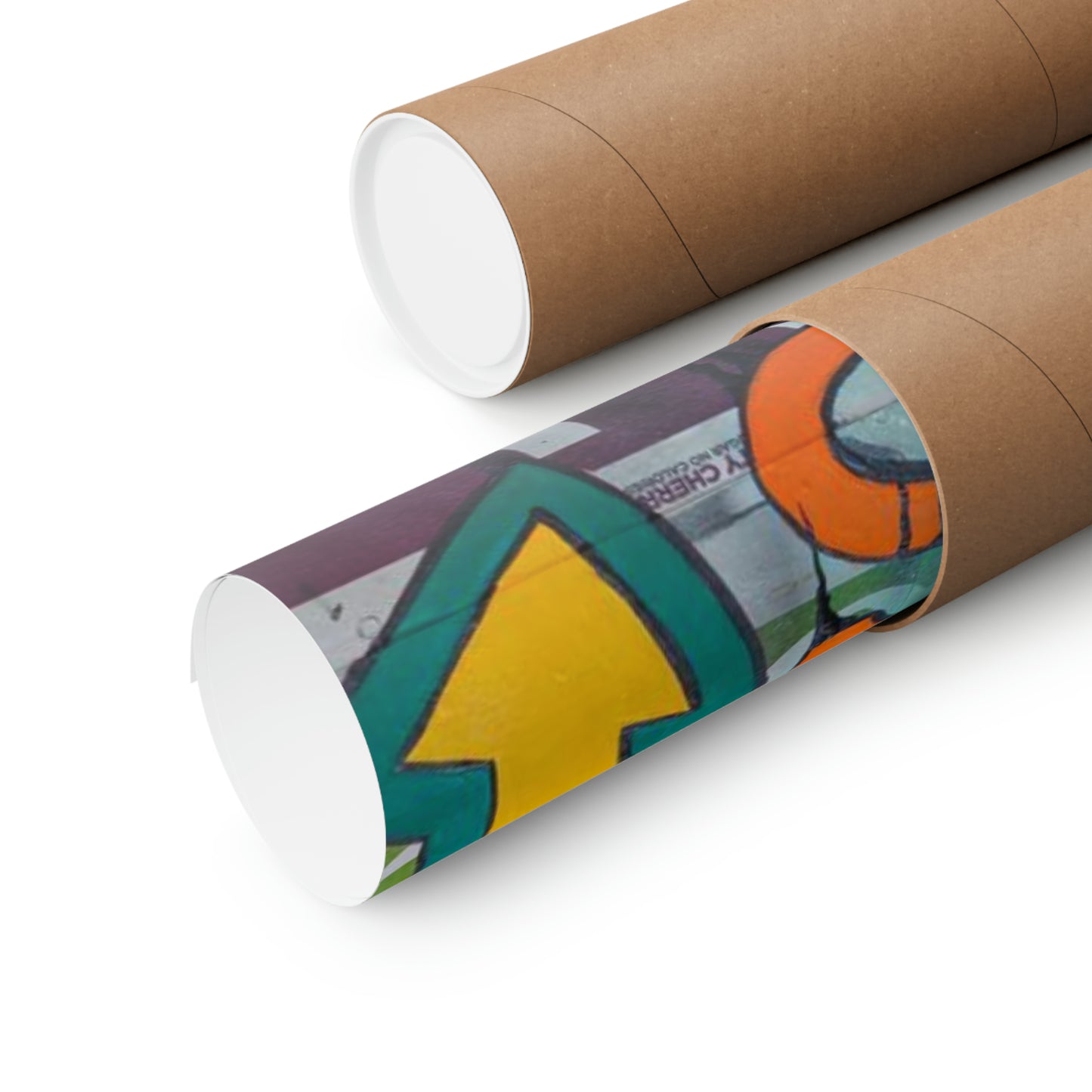 Two brown poster tubes, one open to reveal a colorful poster with an arrow design.