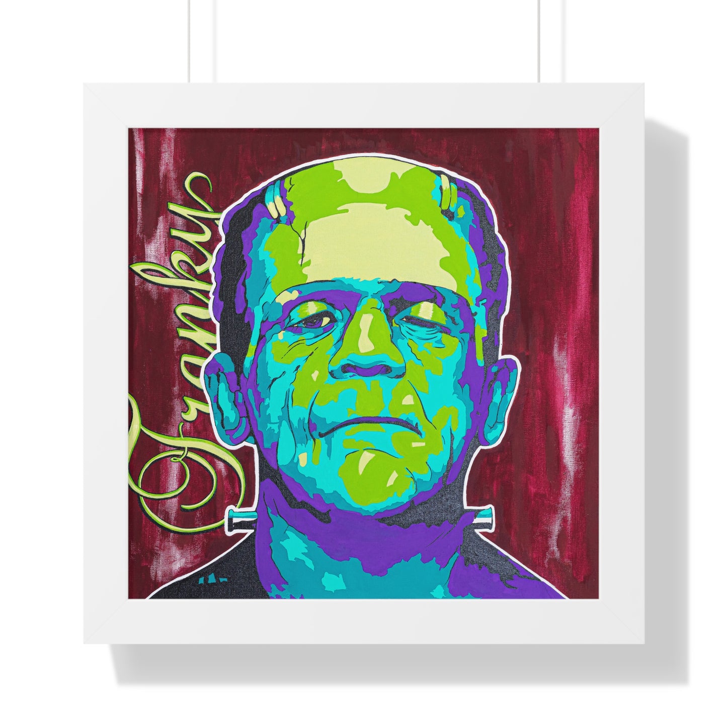 A framed poster features a colorful, pop-art style depiction of Frankenstein's monster.