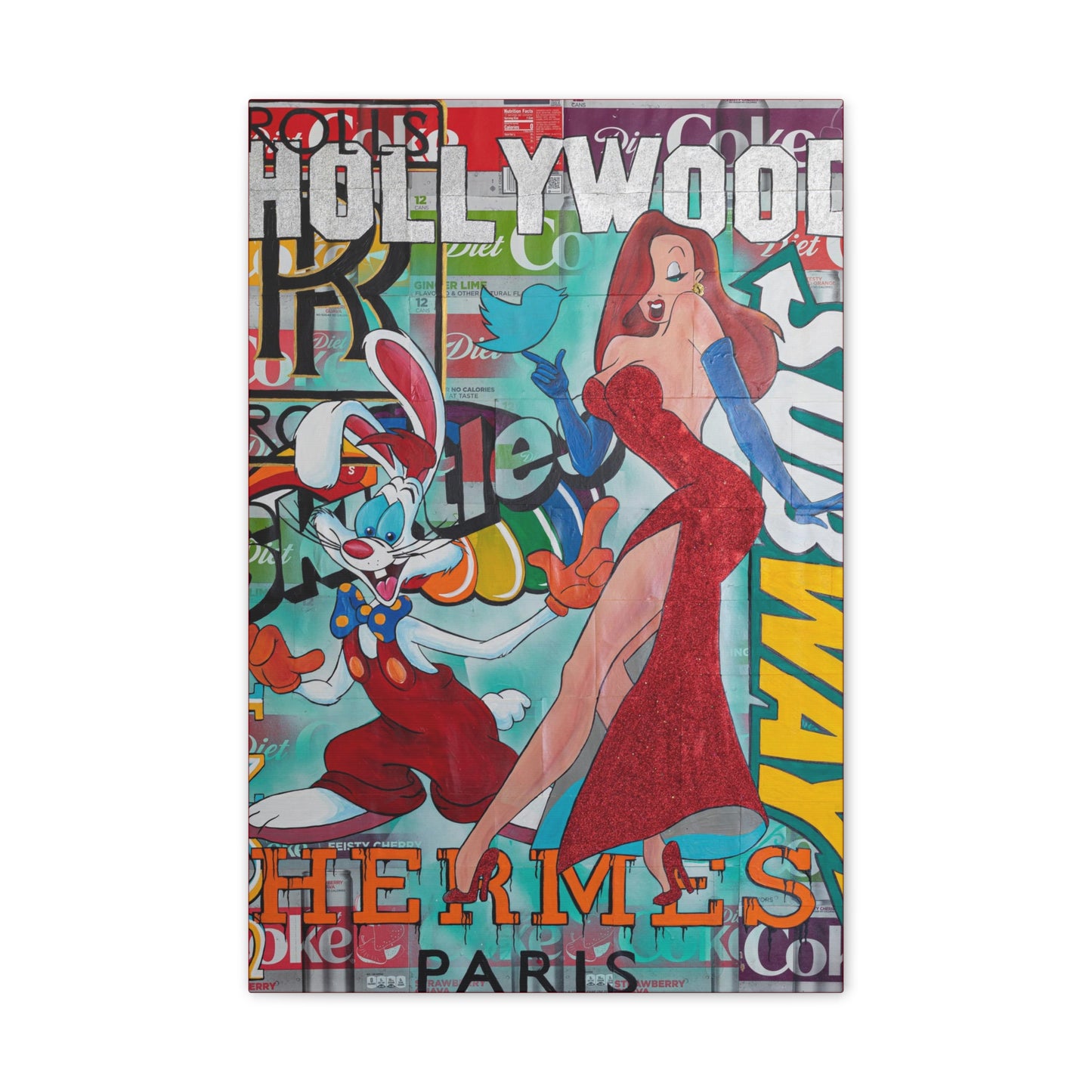 A canvas print features Roger and Jessica Rabbit over a collage of brand logos.