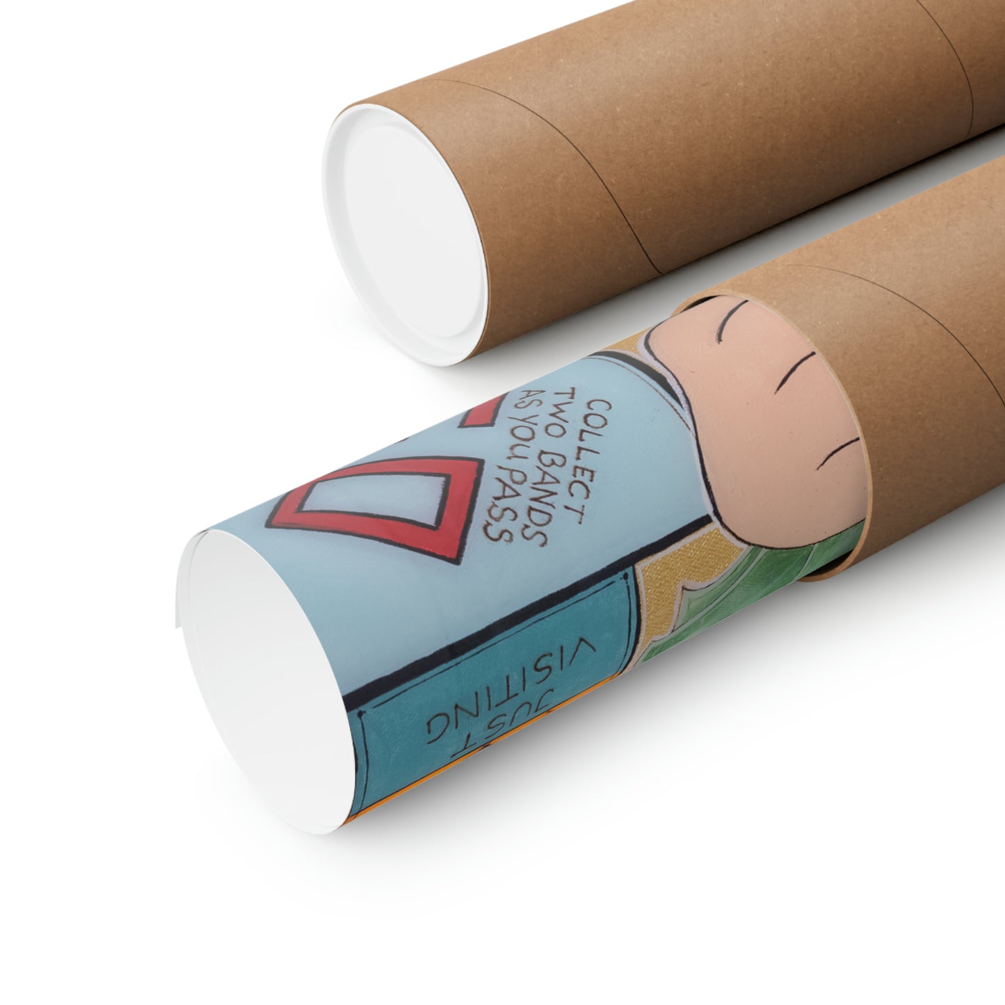 Two rolled matte posters, one with a Monopoly-inspired design, are shown on a white background.