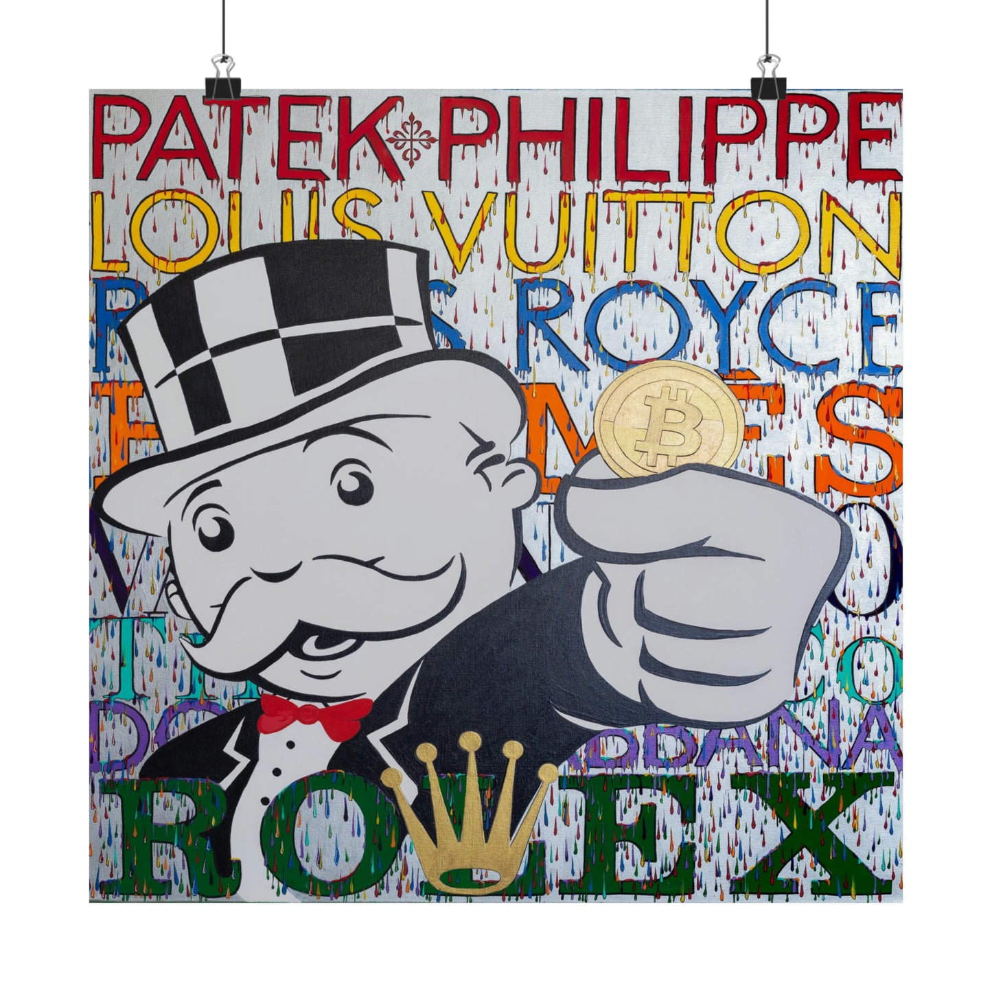 A poster features a cartoon man in a top hat holding a bitcoin, surrounded by luxury brand names.