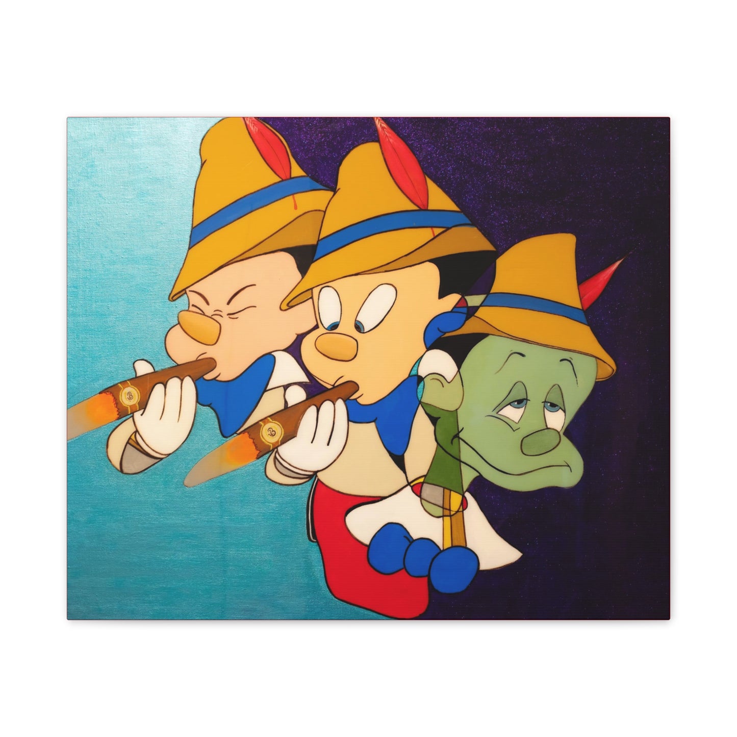 A canvas print depicts three Pinocchio-like figures, two smoking cigars, against a blue and purple background.