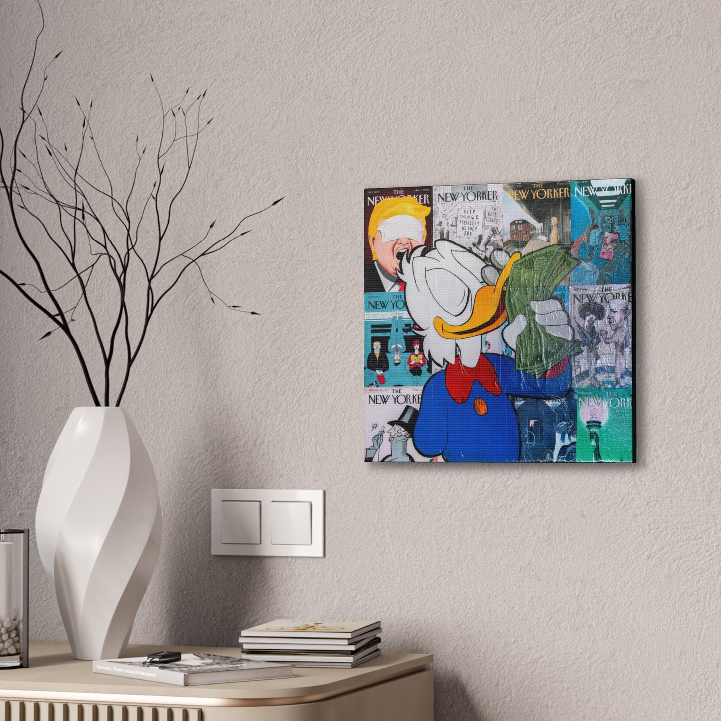 A canvas gallery wrap featuring Scrooge McDuck holding money over New Yorker covers.