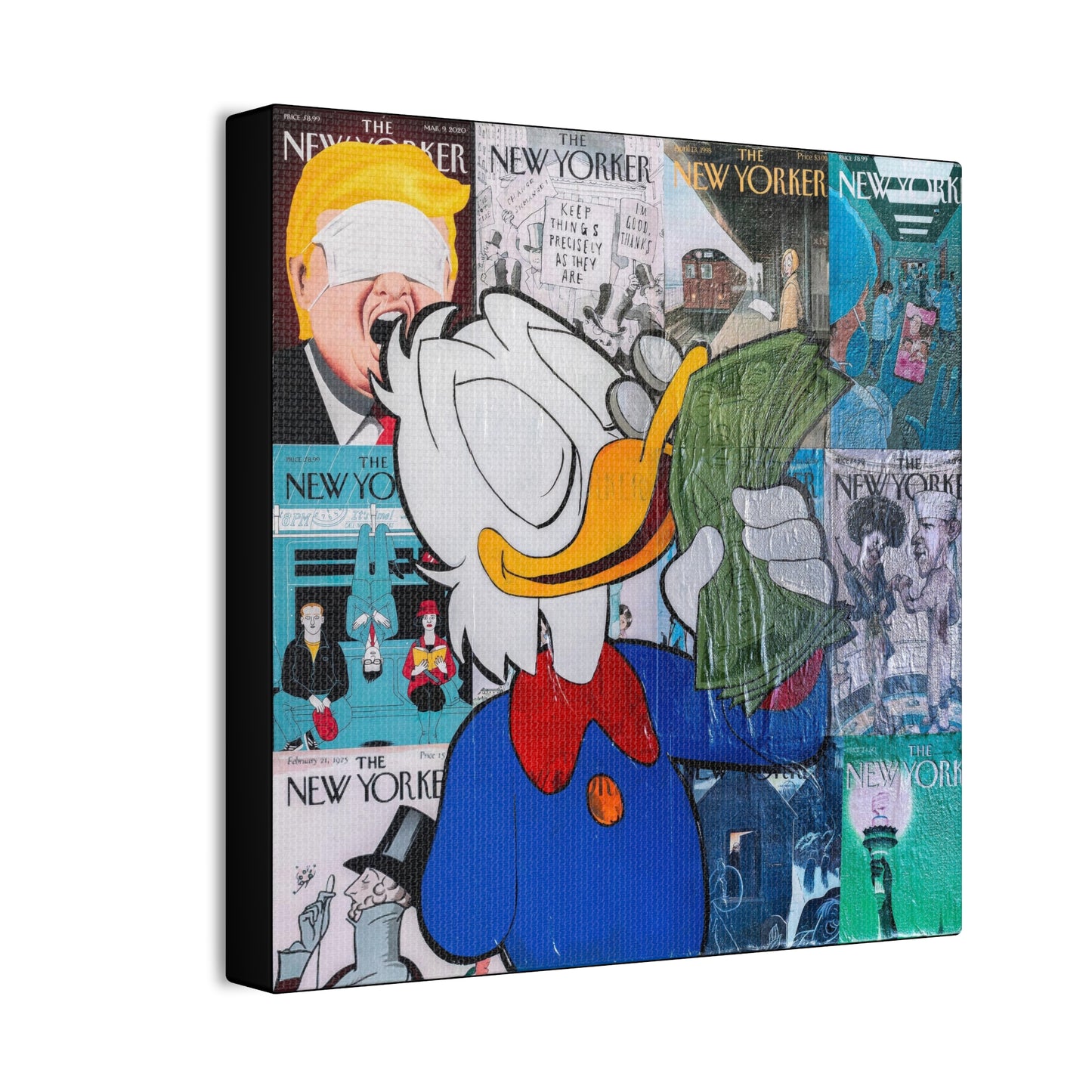 A canvas gallery wrap features a collage of New Yorker covers with Scrooge McDuck holding money.