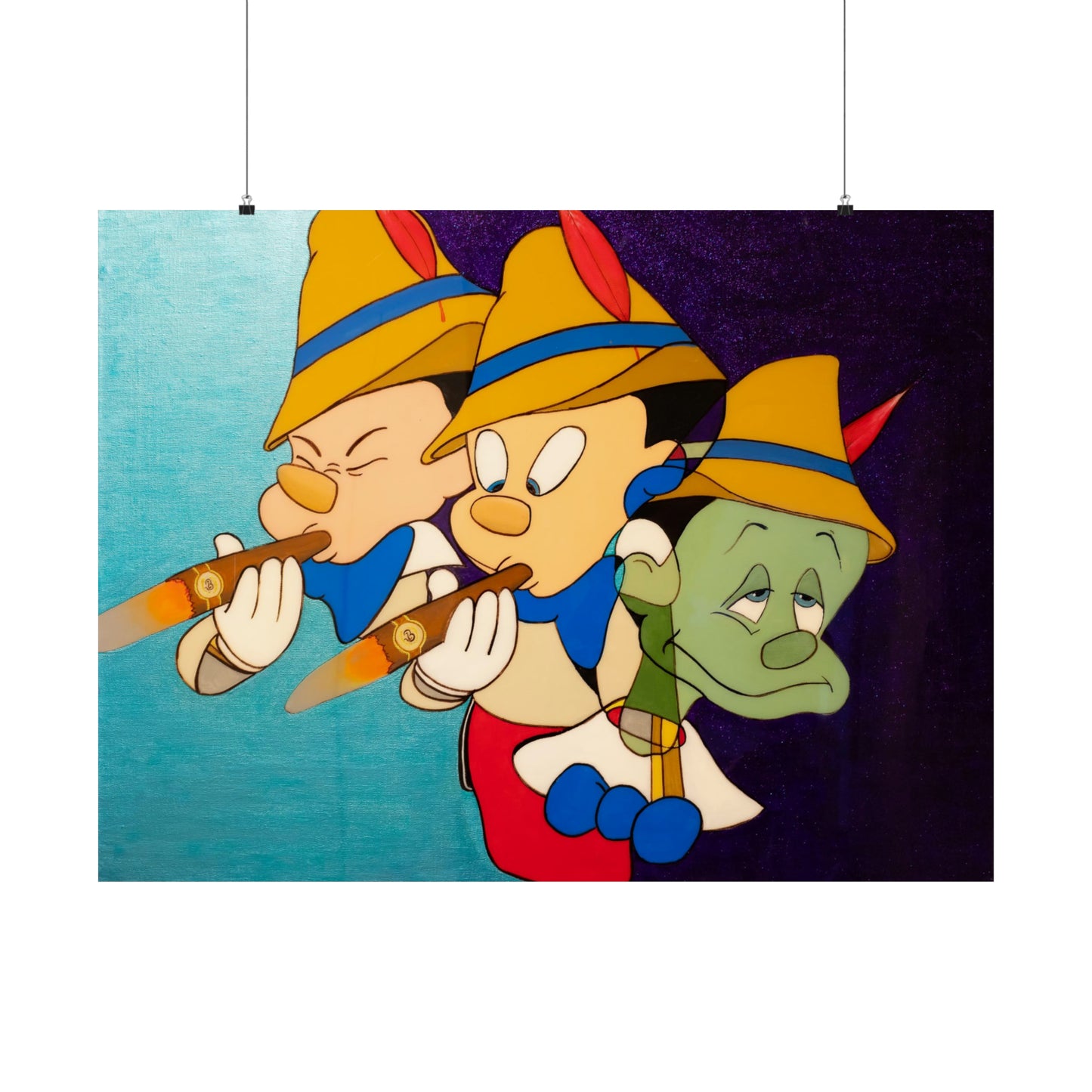 A matte poster depicts three Pinocchio figures, two smoking cigars, against a blue and purple background.