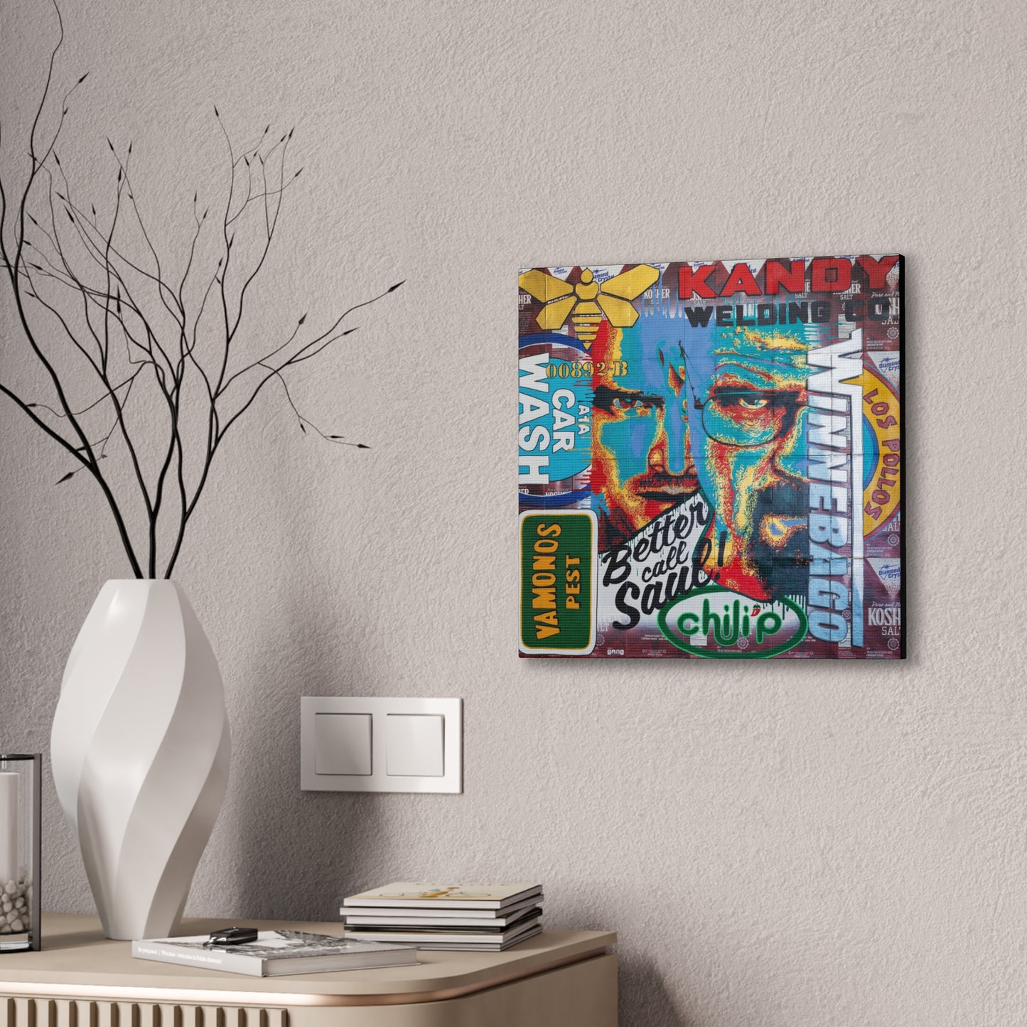 A colorful canvas gallery wrap featuring a collage of Breaking Bad imagery.