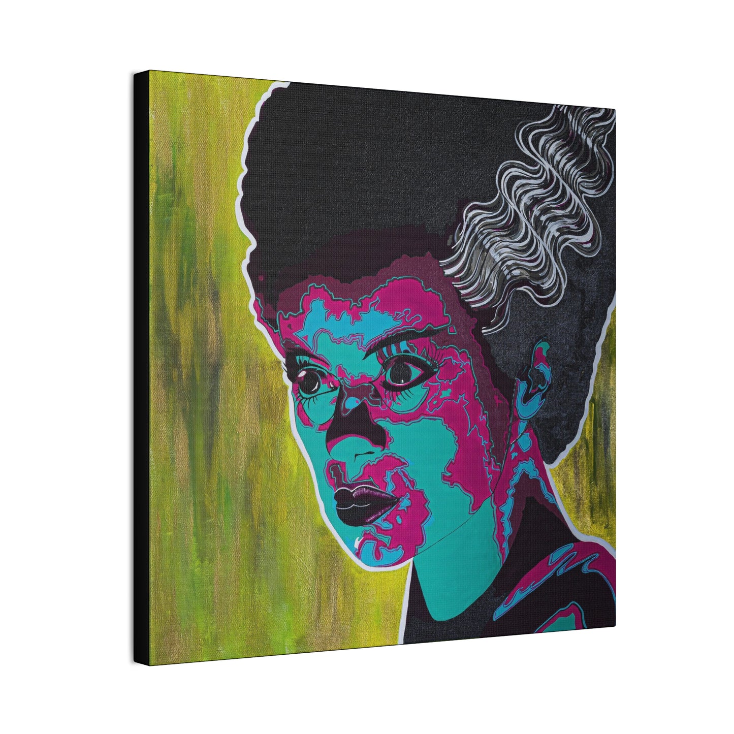 A pop art canvas print of a woman with dark hair and vibrant pink and teal skin.