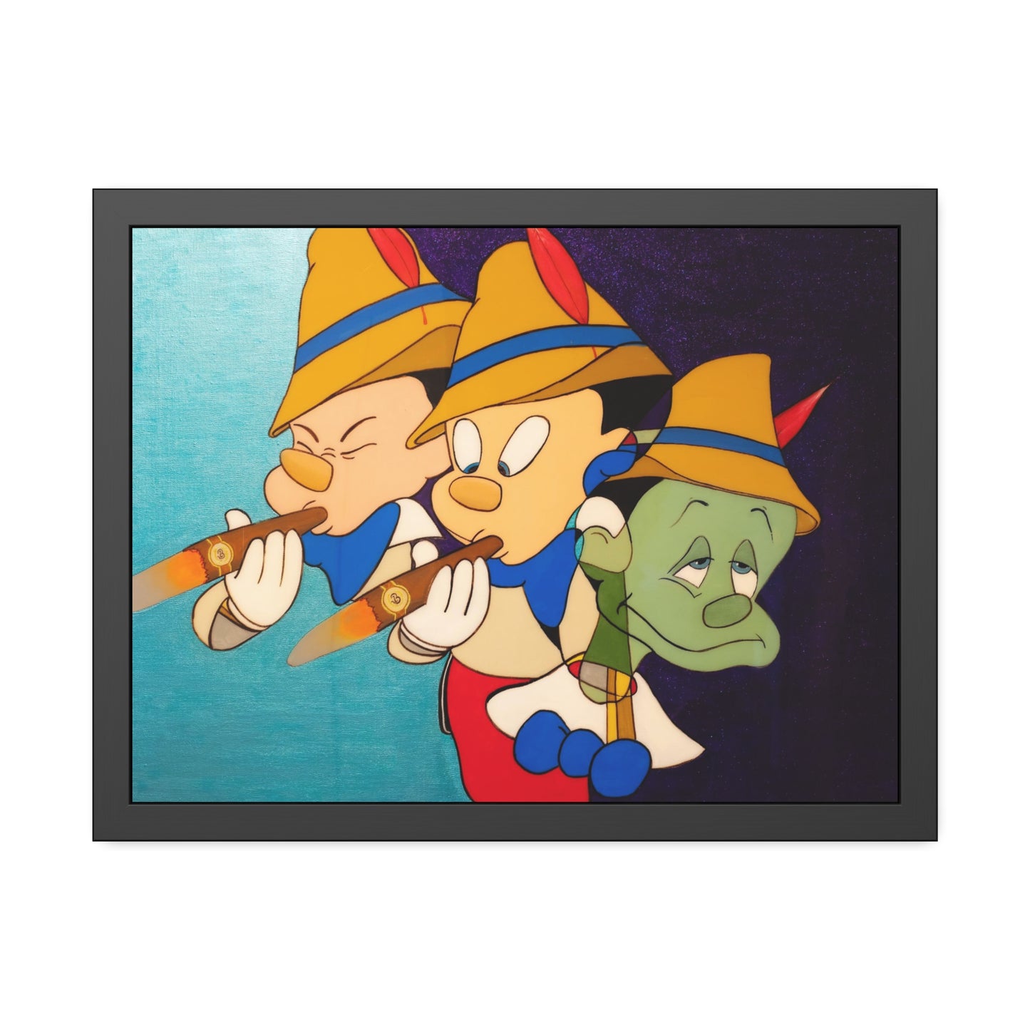A framed poster depicts three Pinocchio-like figures, two smoking cigars, and one looking green.