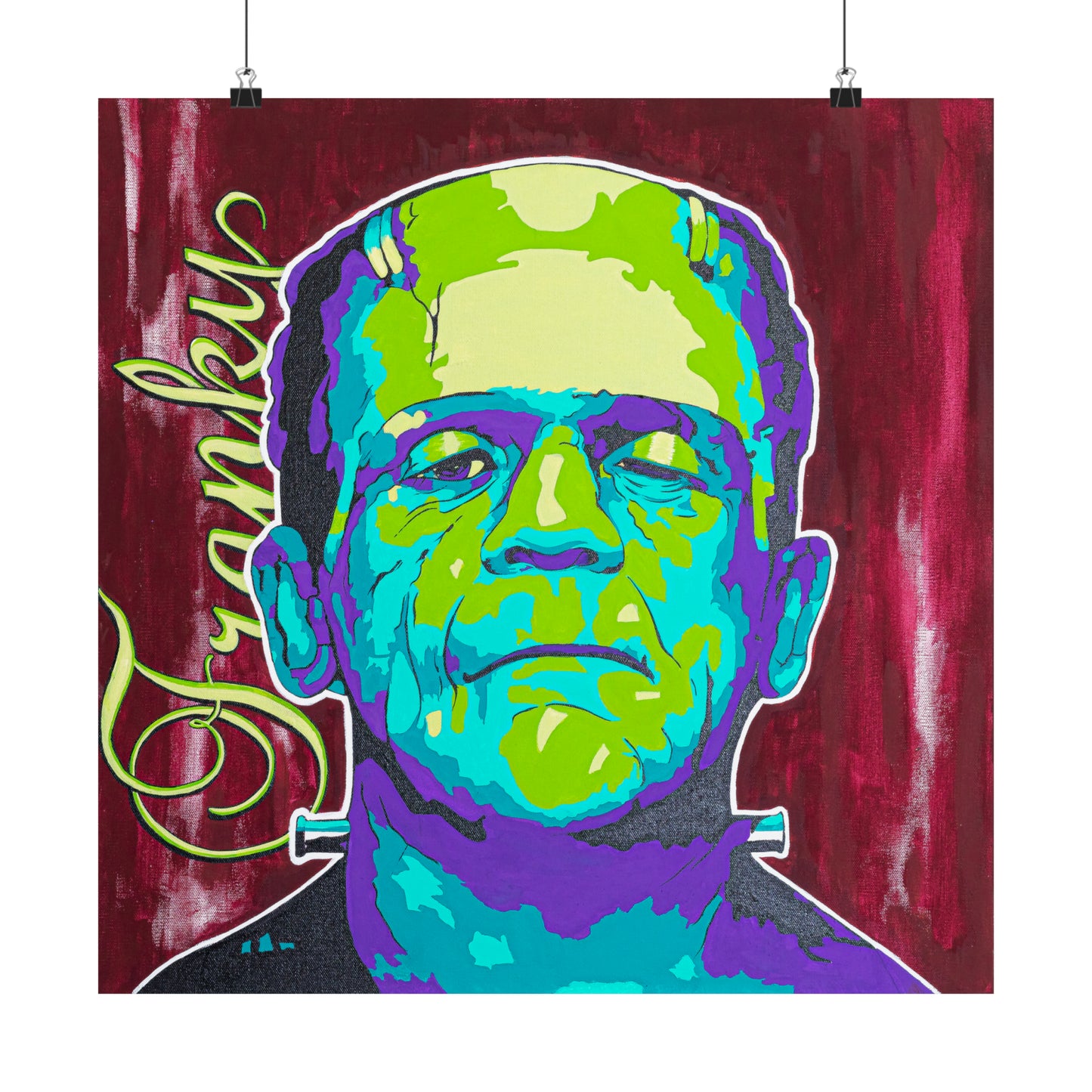 A vibrant pop art poster of Frankenstein's monster with "Franky" written vertically on the left.