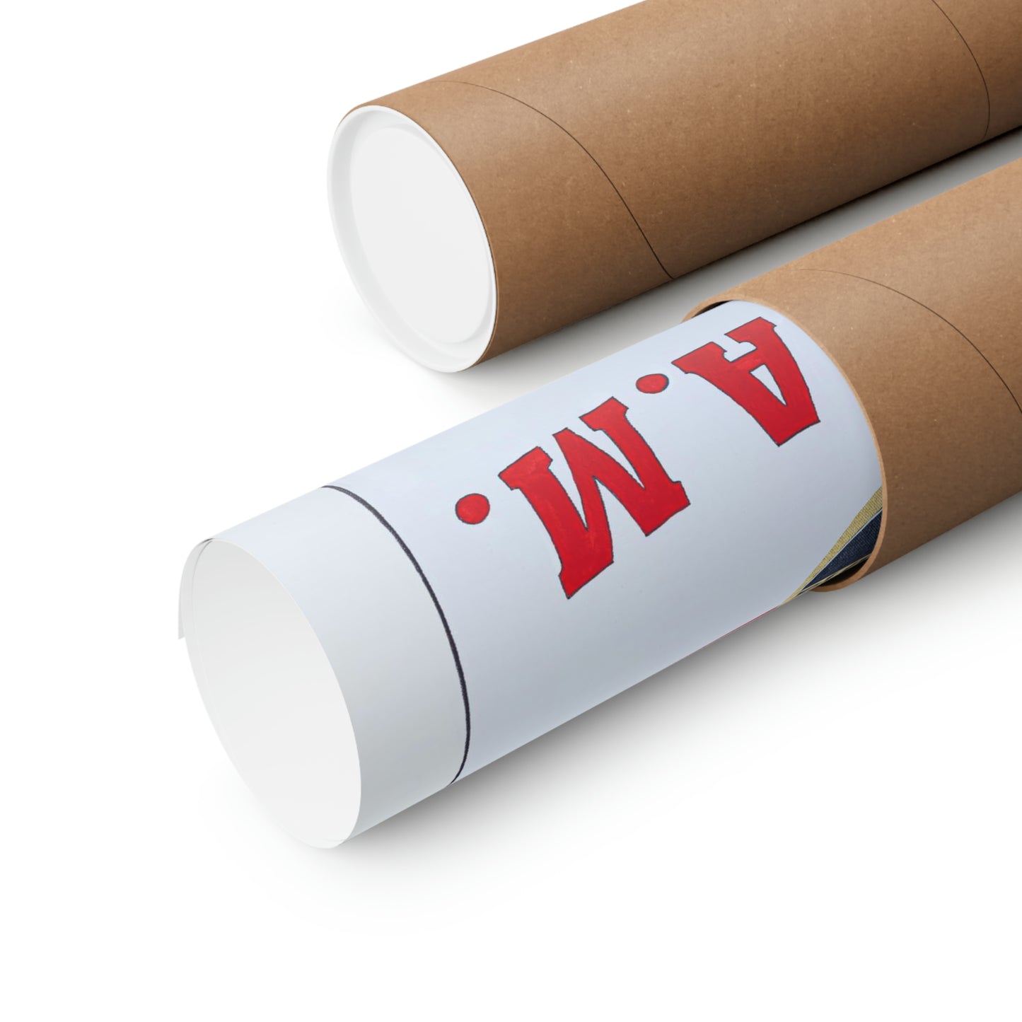 Two rolled matte posters, one partially unrolled showing red "W. A.M." text.