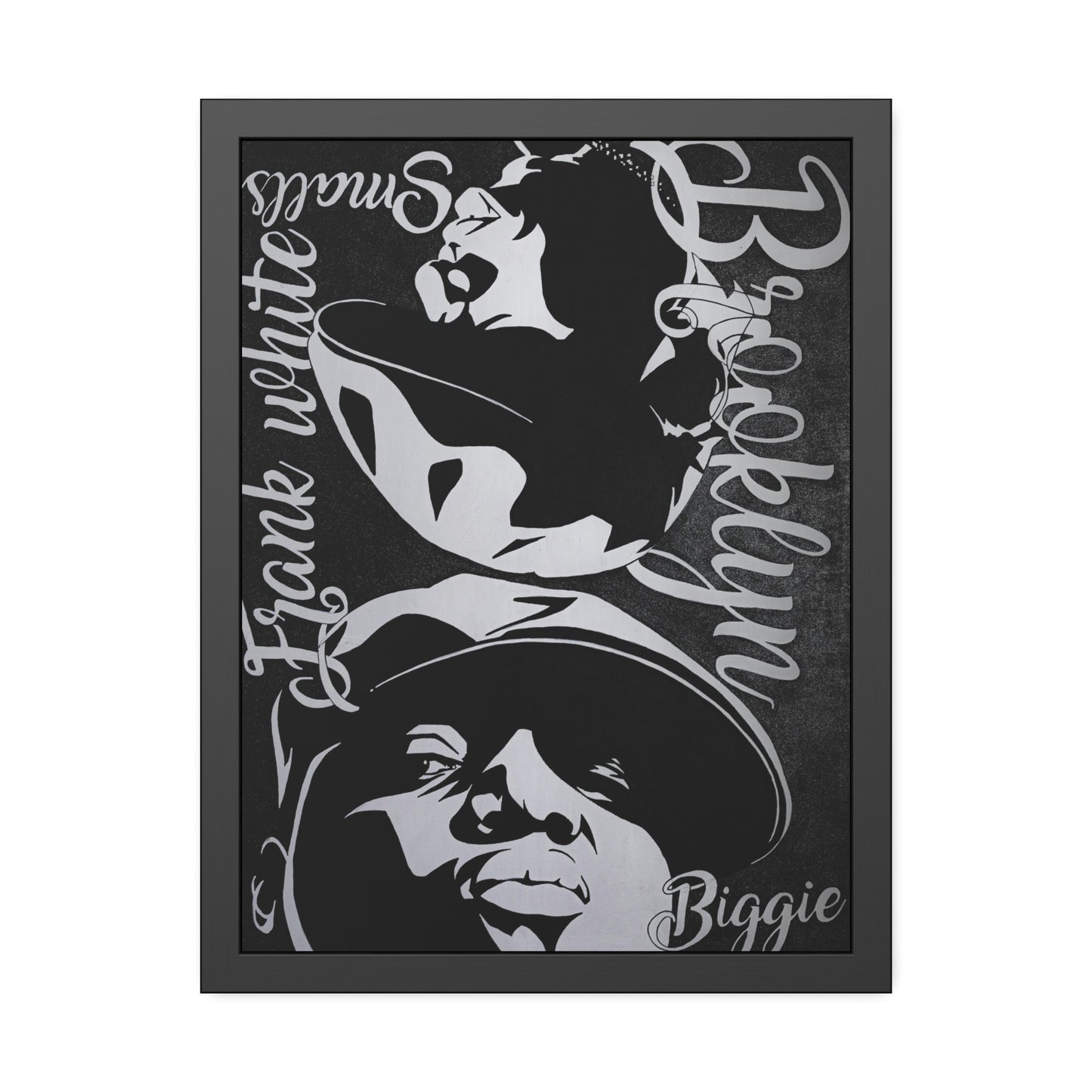 A framed poster features black and white portraits of Biggie Smalls and Frank White.