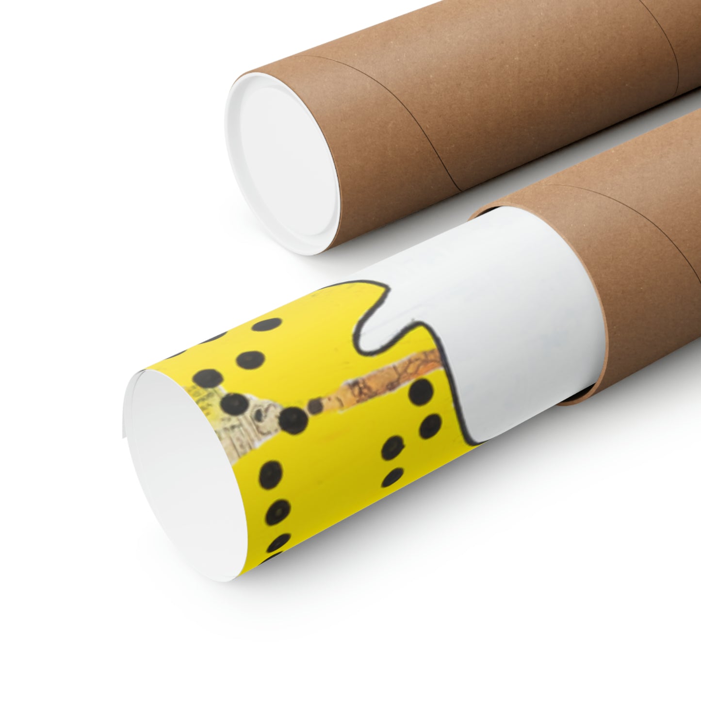 Two brown cardboard poster tubes, one open revealing a yellow poster with black polka dots.