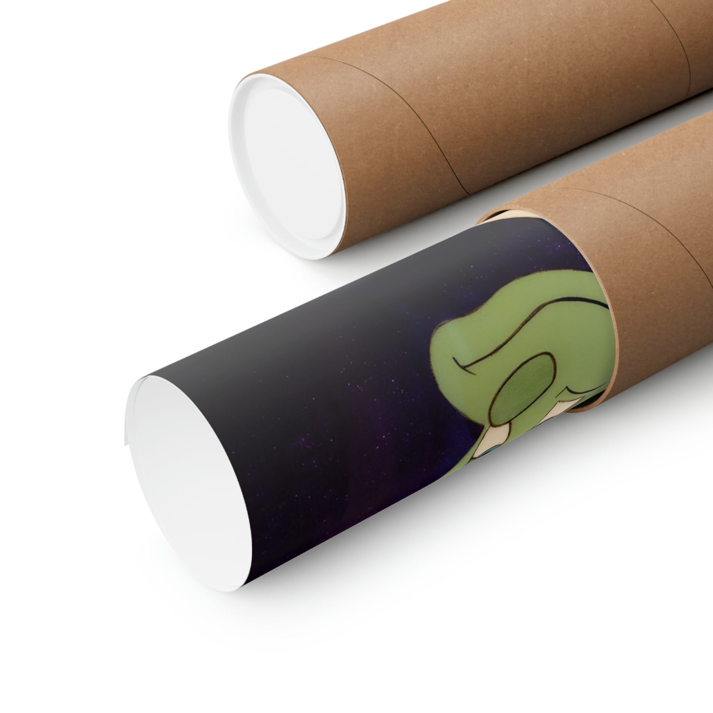 Two rolled matte posters, one partially unrolled revealing a green cartoon character against a starry background.