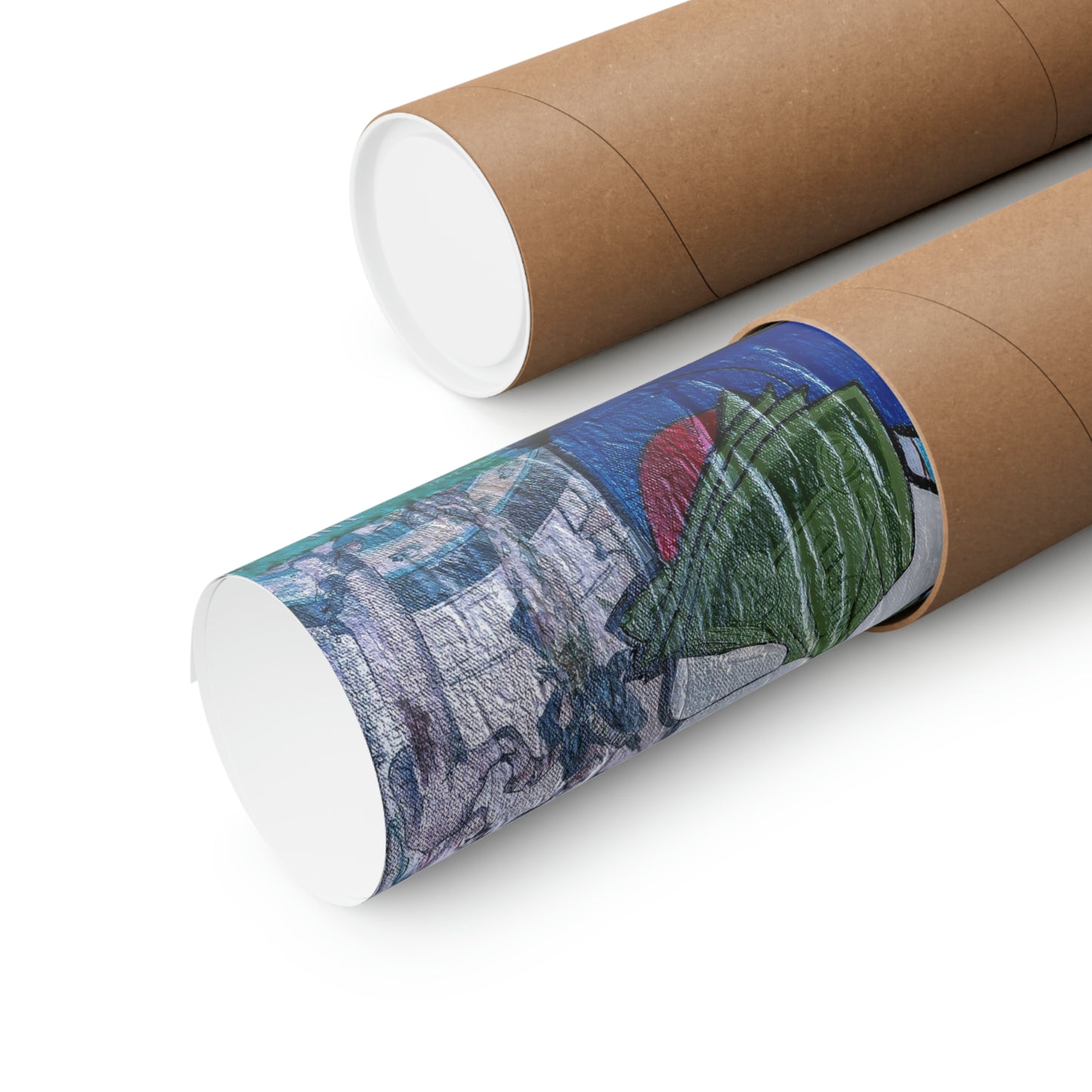 Two matte posters, one rolled and one partially unrolled, display colorful artwork.