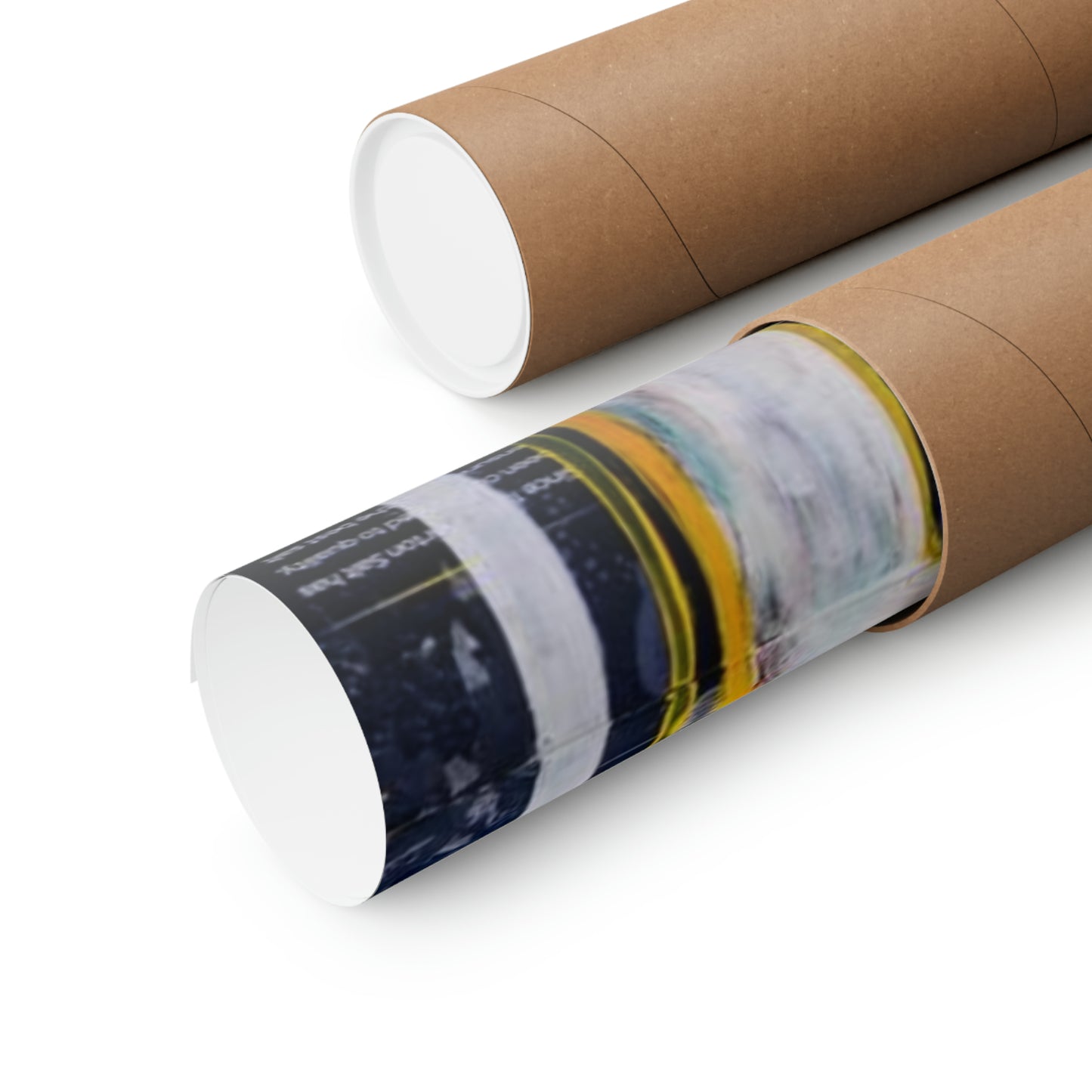 Two brown cardboard poster tubes, one with a rolled poster partially visible.