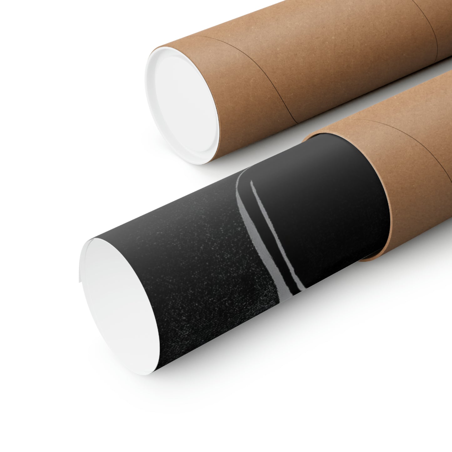 Two matte posters, one partially unrolled, are shown in their brown cardboard tubes.