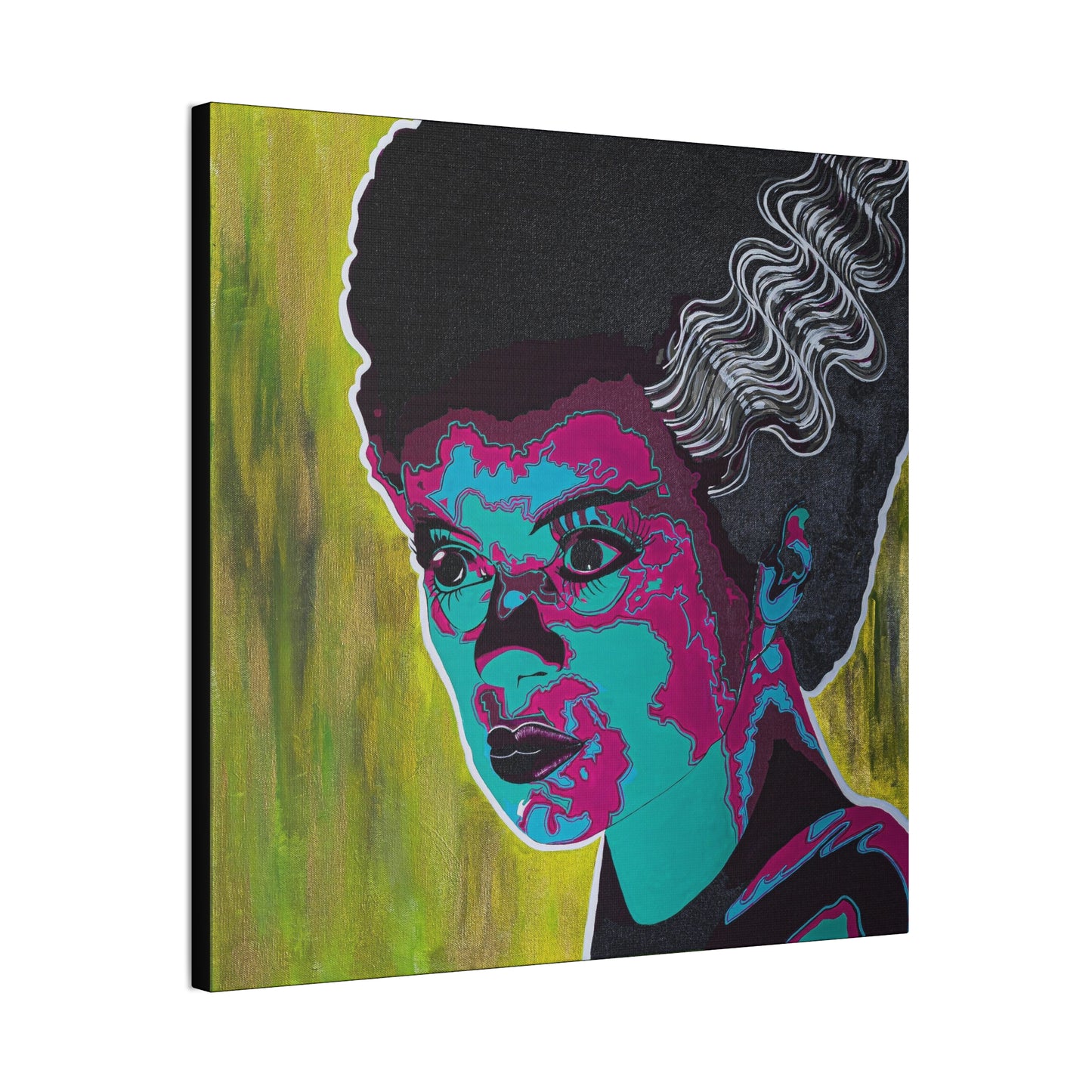 A canvas print titled "Franky's Bride" depicts a woman with dark hair and colorful facial features.