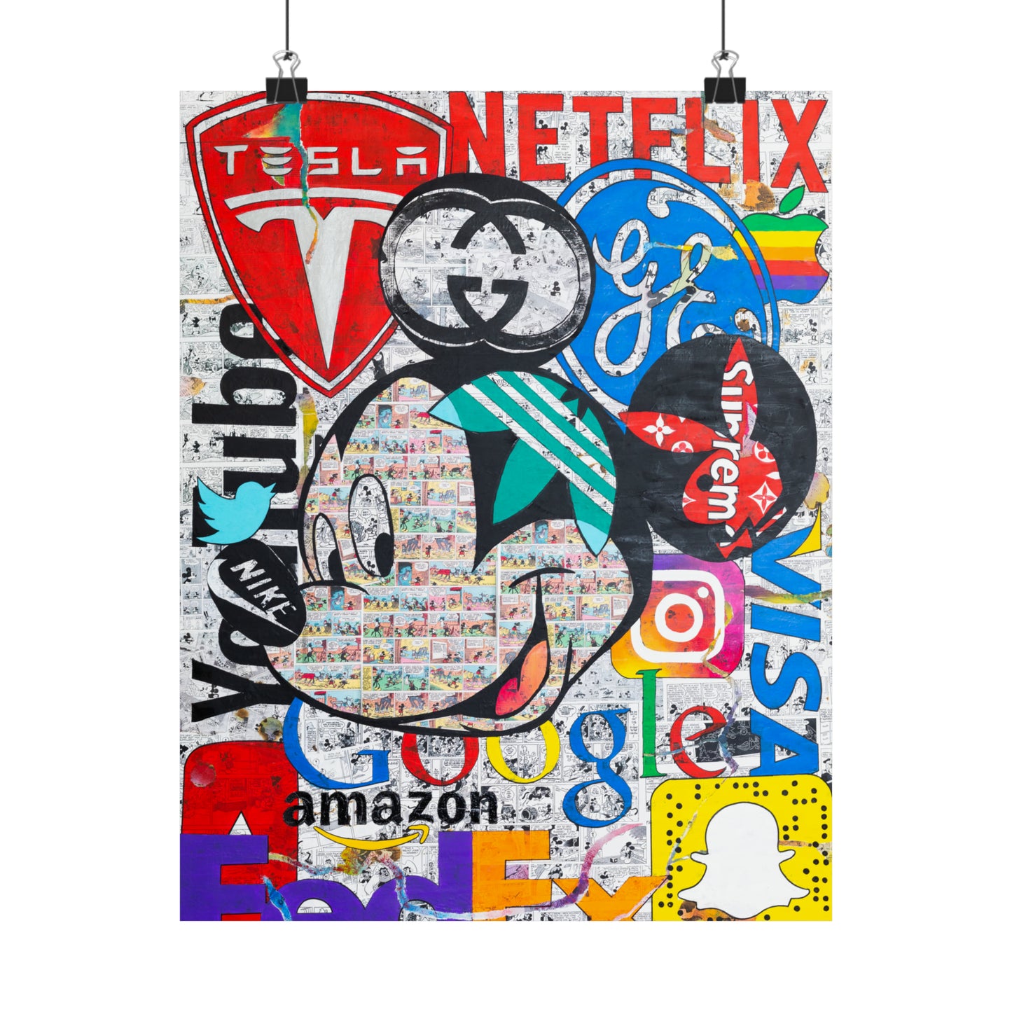 A poster features Mickey Mouse's face composed of comic strips, surrounded by various brand logos.