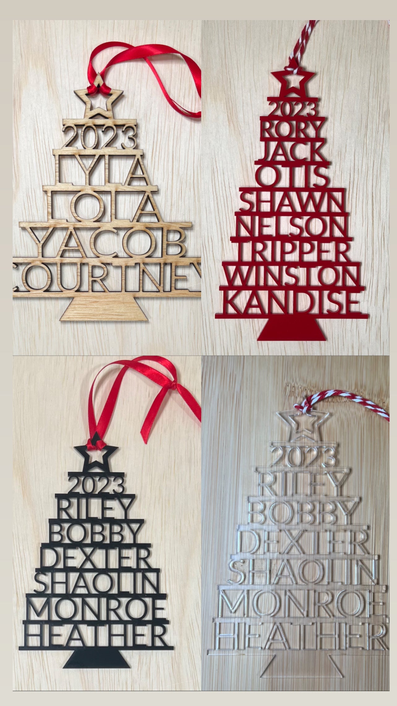Four custom Christmas tree ornaments with stacked family names in wood, red, black, and clear.