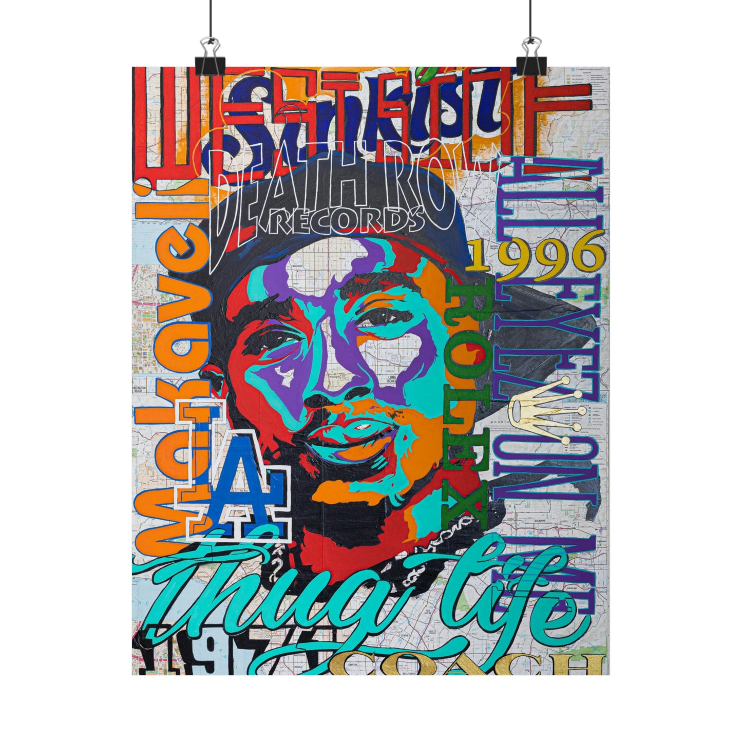 A colorful poster of Tupac Shakur with text and a map background.