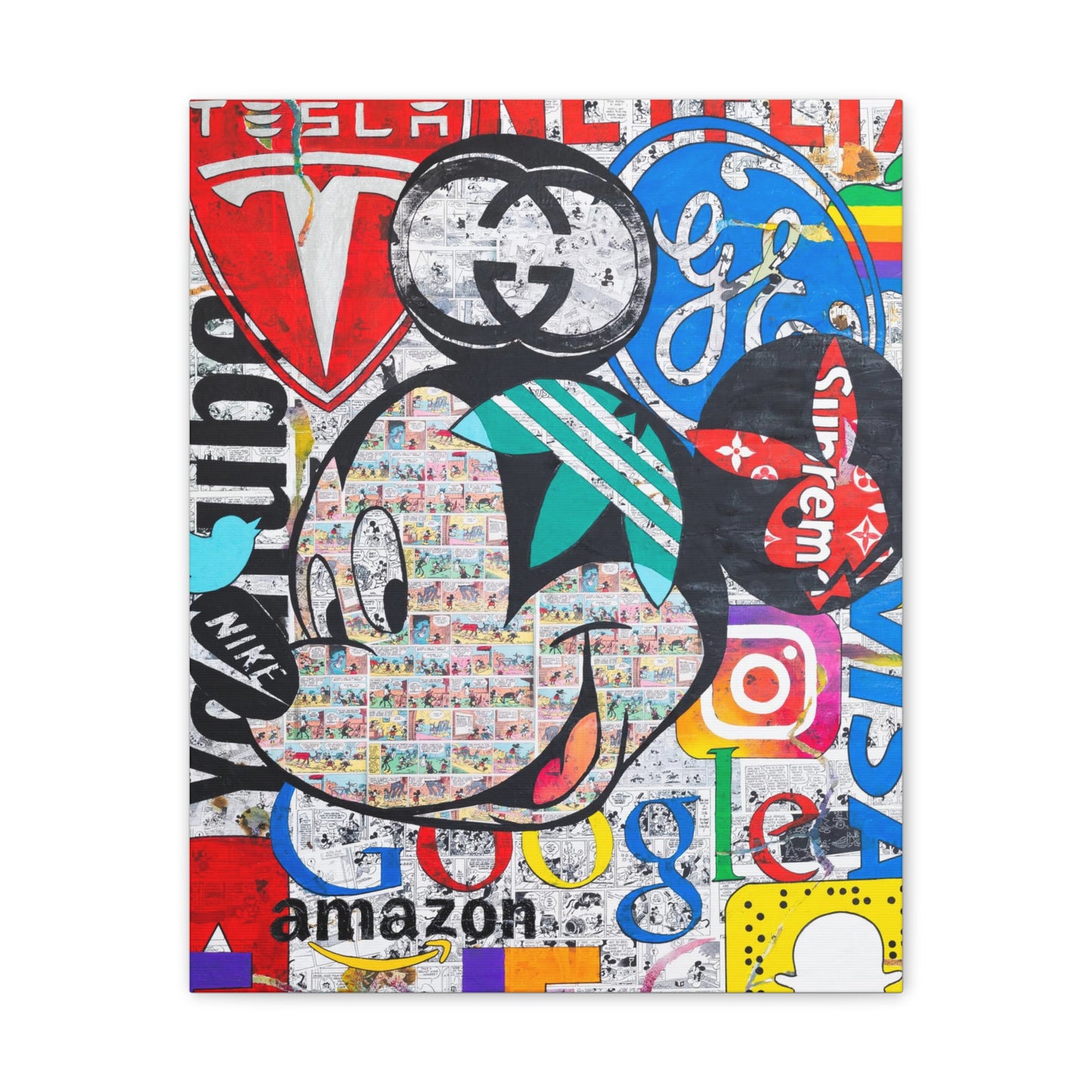 A canvas print features Mickey Mouse's face composed of various brand logos.
