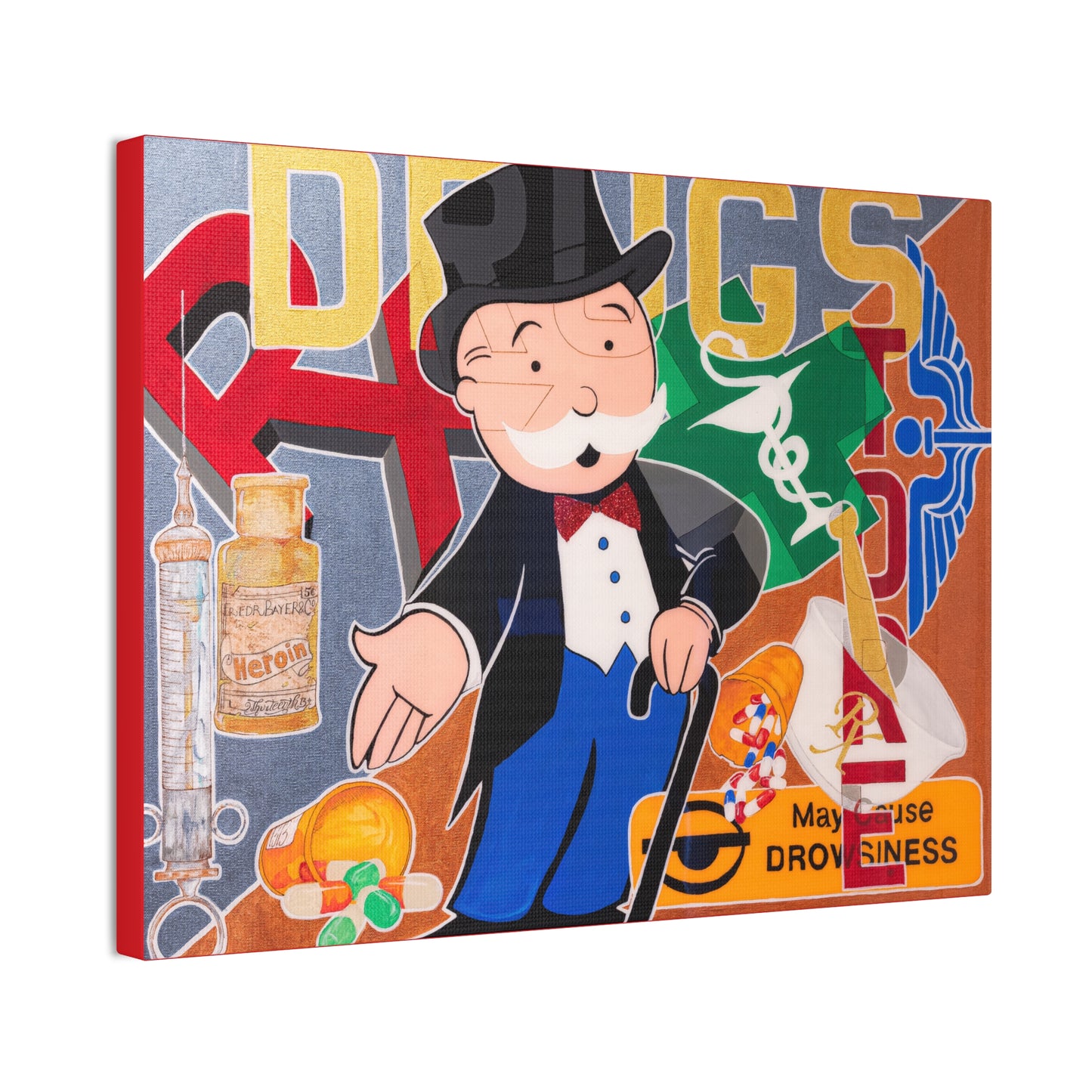 A canvas print features a Monopoly man with drug paraphernalia and the word "DRUGS."