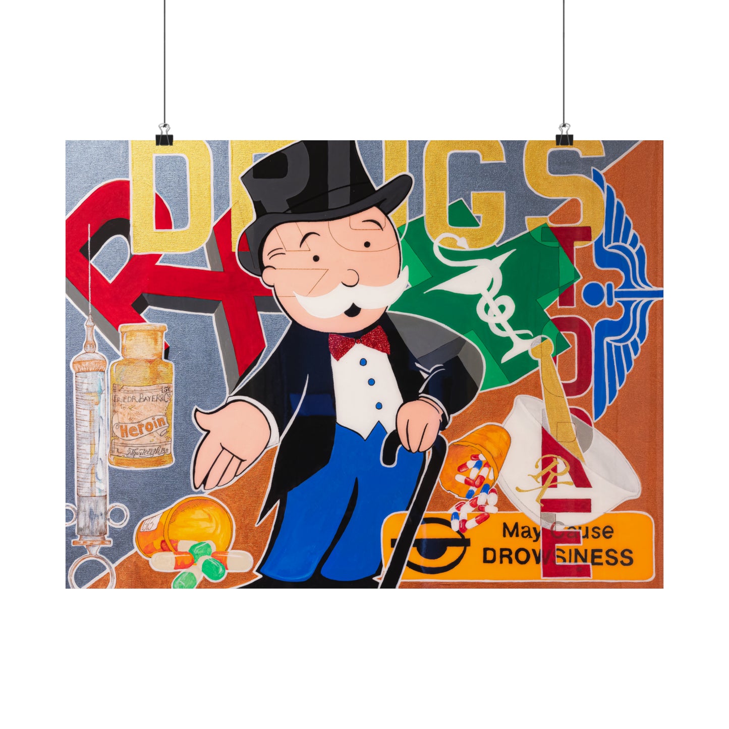 A poster features a Monopoly Man-like figure surrounded by drug-related imagery and the word "DRUGS."