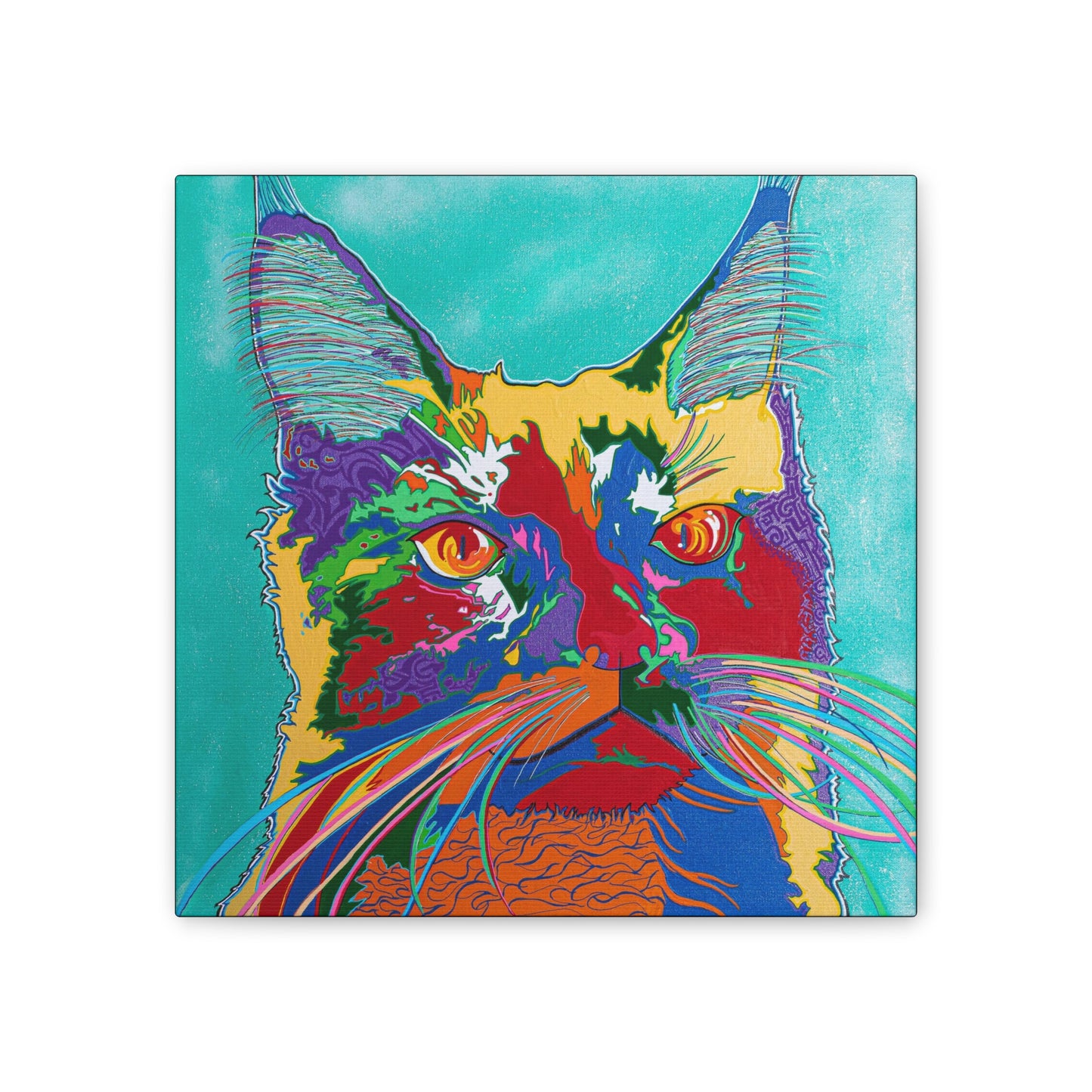 A vibrant, pop art style painting of a cat's face on a canvas gallery wrap.