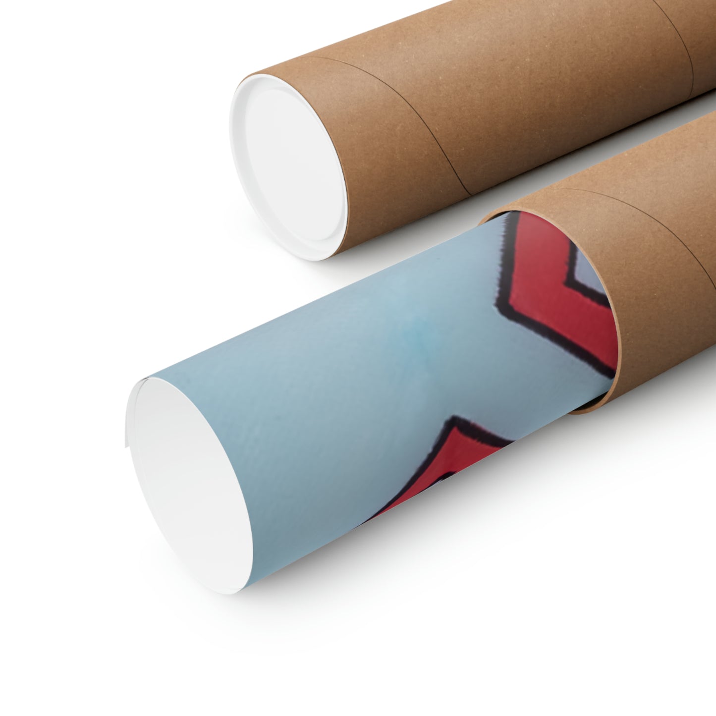 Two rolled matte posters, one partially unrolled revealing a red and black design on light blue.