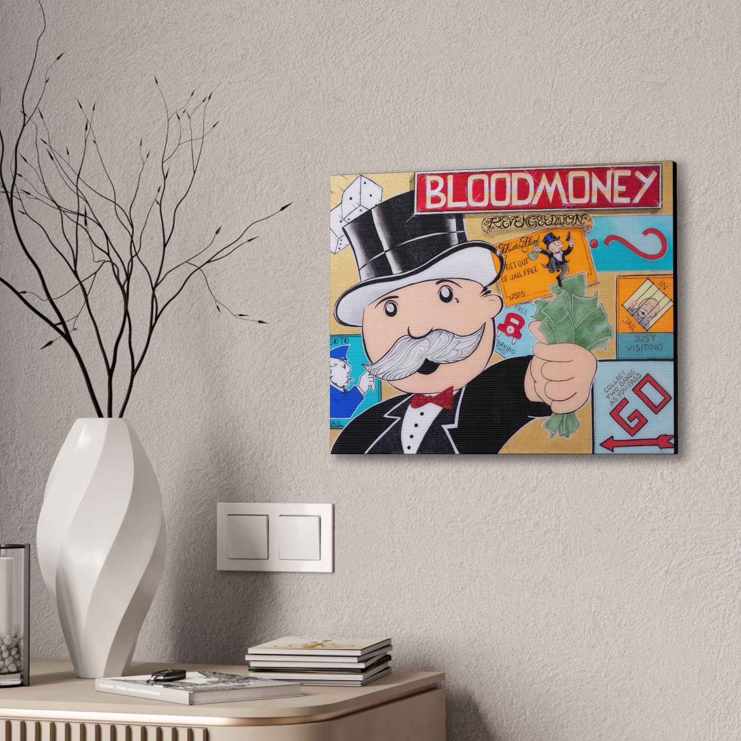 A canvas gallery wrap featuring a Monopoly man holding money with "BLOODMONEY" above.