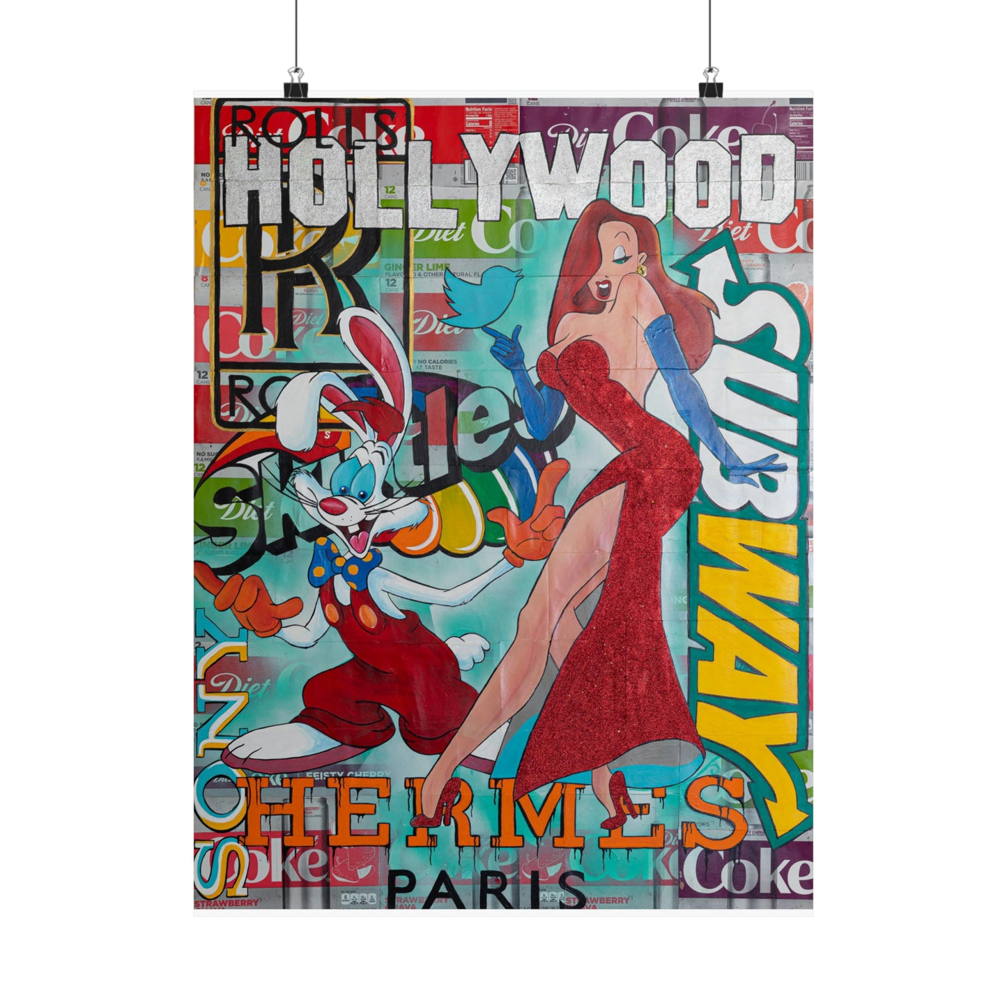 A vibrant poster featuring Roger and Jessica Rabbit against a backdrop of soda cans and graffiti.