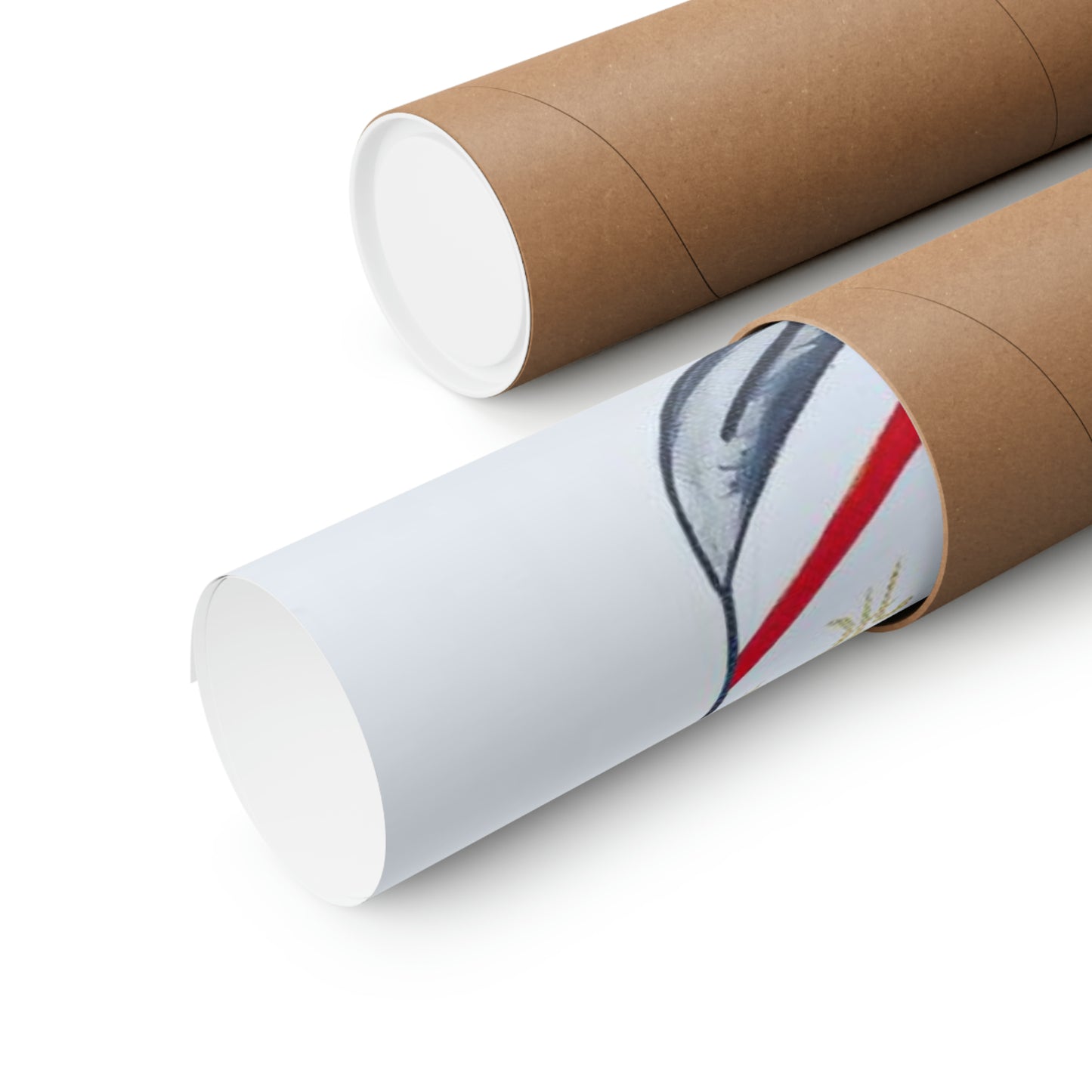 Two rolled matte posters, one partially unrolled revealing a colorful design.