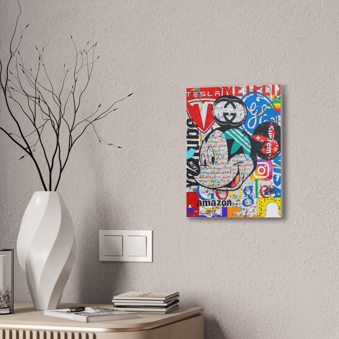 Mickey Logo canvas gallery wrap featuring various brand logos.