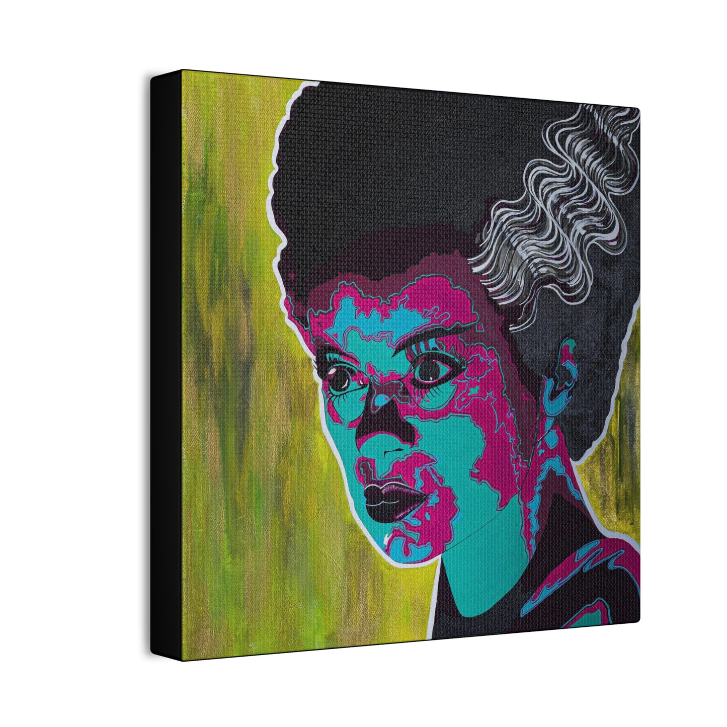 A canvas print of Franky's Bride features a woman with dark hair and colorful facial details.