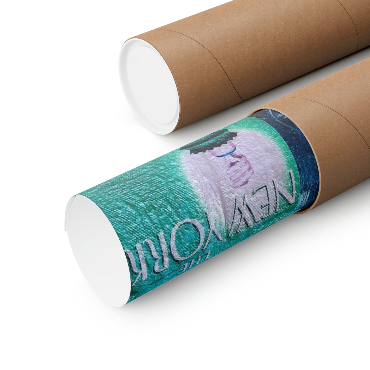 Two brown cardboard poster tubes, one open revealing a rolled "New Yorker" poster.