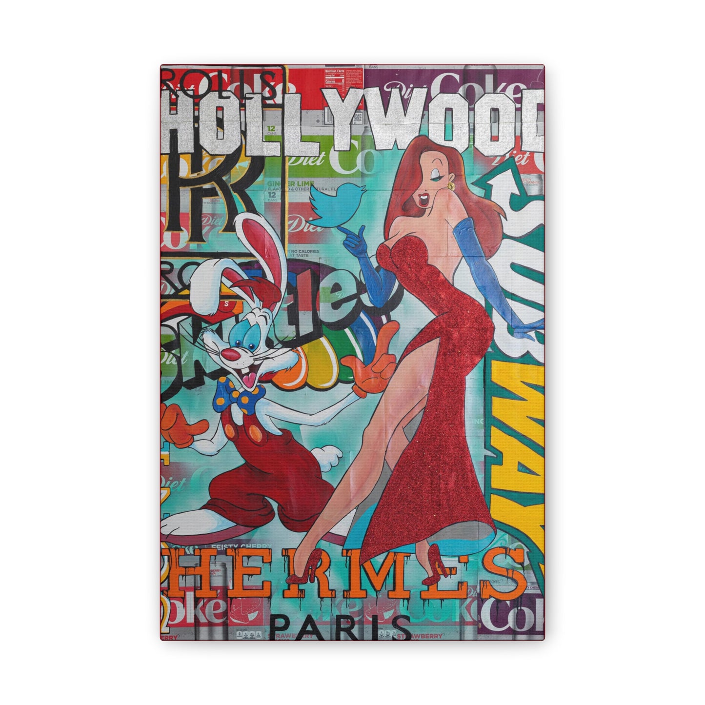 A canvas print features Roger and Jessica Rabbit over a collage of brand logos.